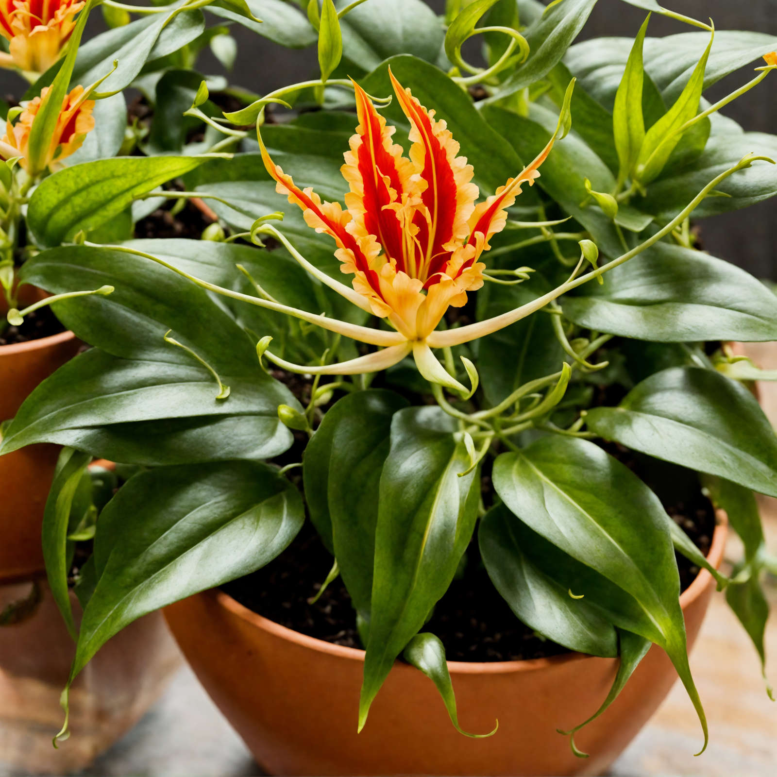 Gloriosa superba with vibrant yellow flowers in a pot, against a dark background with clear lighting.