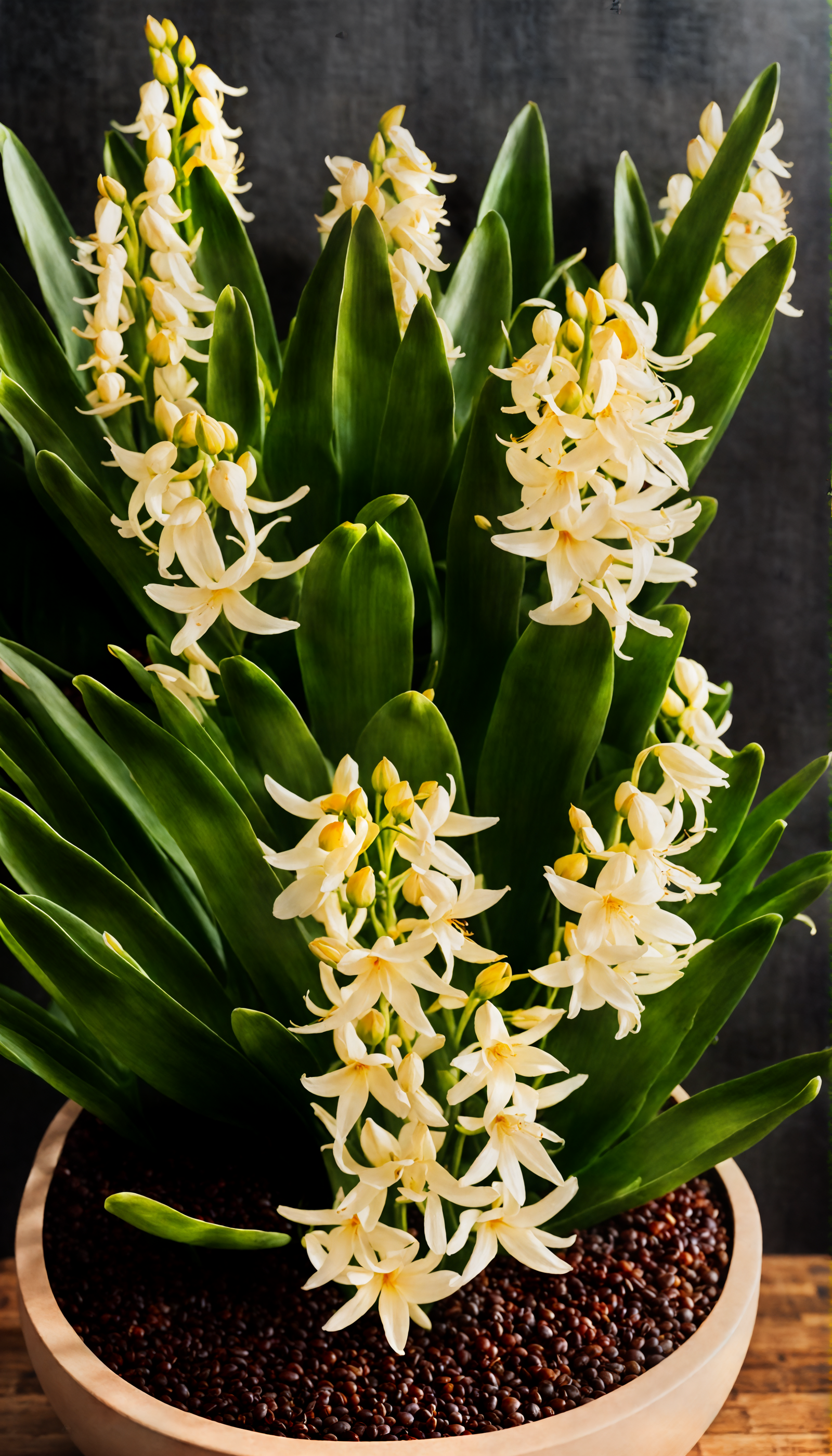 White hyacinth flowers in a bowl, with nuts in the background, clear indoor lighting, dark backdrop.