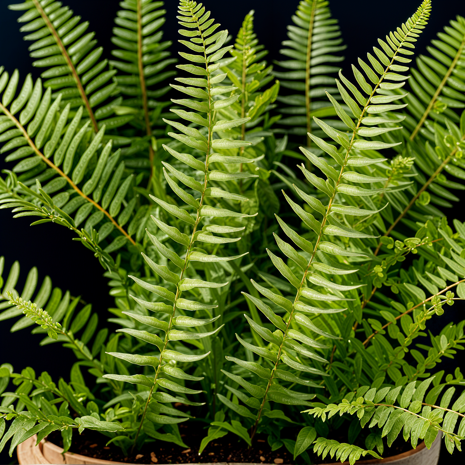 Highly detailed Nephrolepis cordifolia fern in a planter, with clear lighting and a dark background.