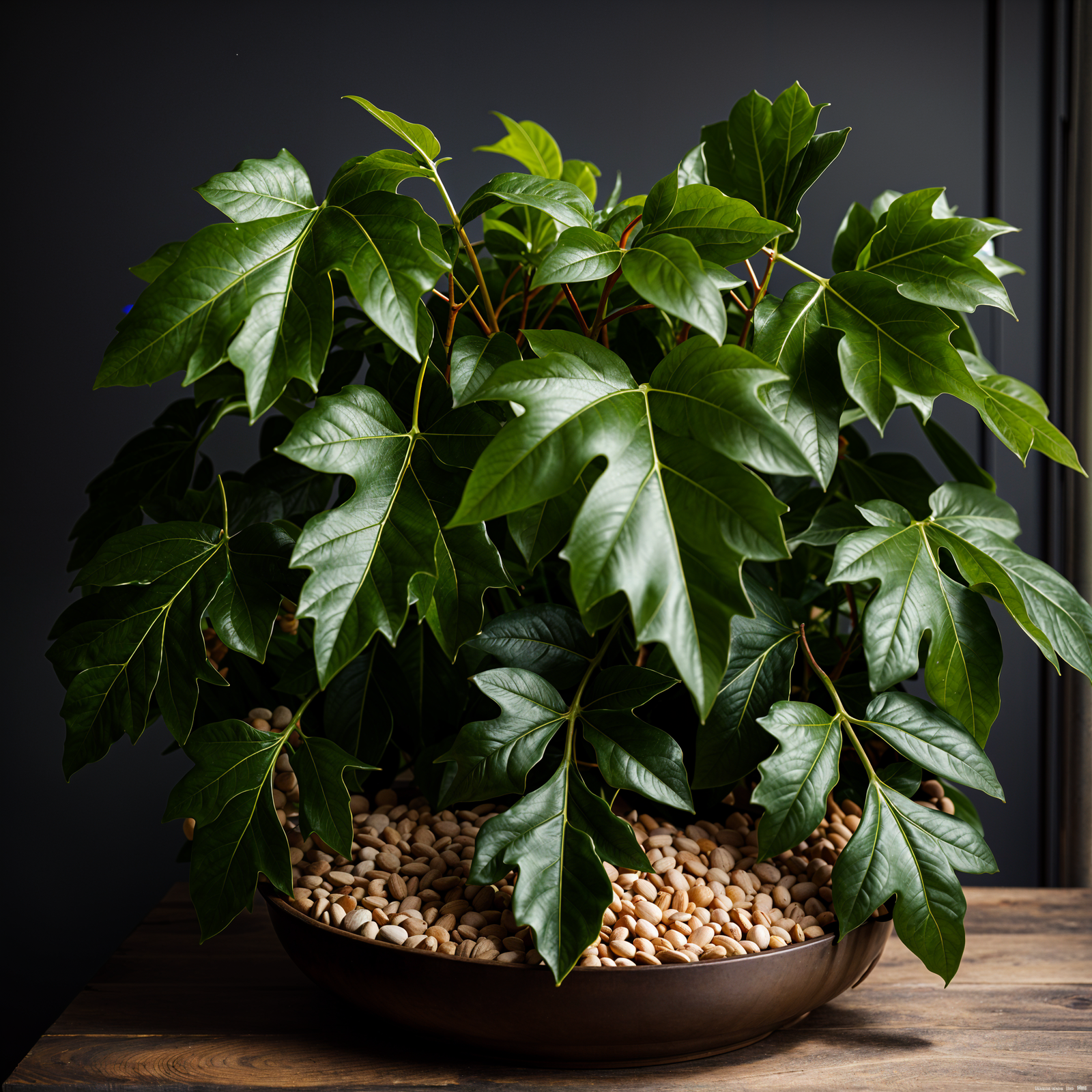 Cissus alata plant with detailed leaves in a planter, set against a dark background indoors.