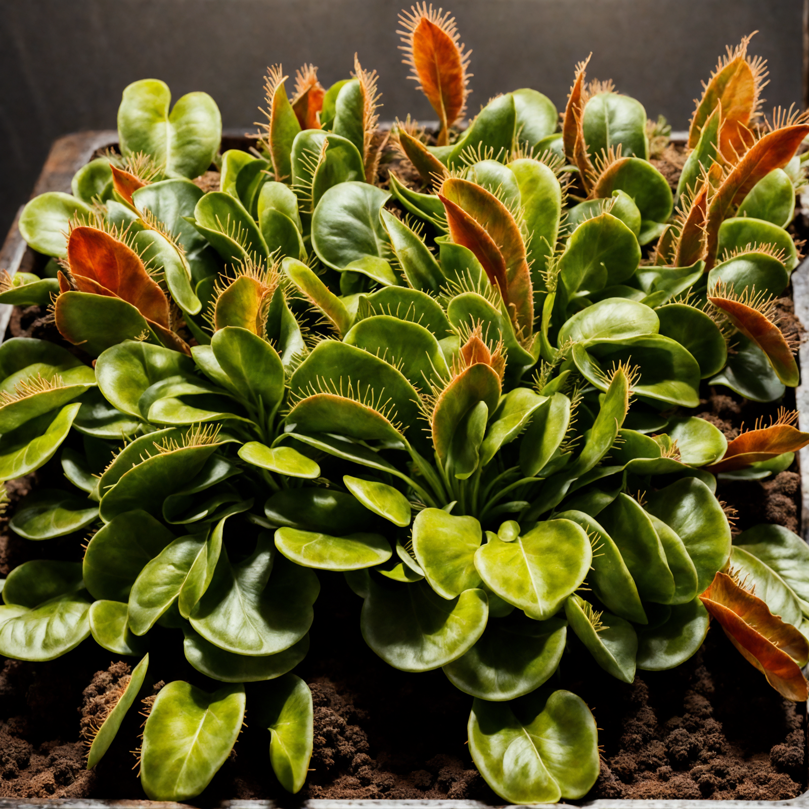Dionaea muscipula (Venus flytrap) with vibrant green leaves in soil, clear indoor lighting, against a dark backdrop.