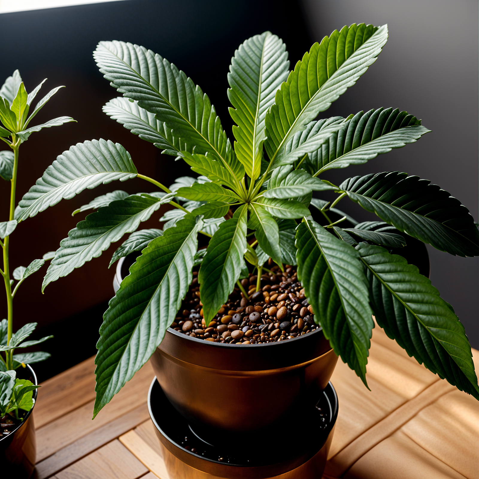 Cannabis sativa plant with detailed leaves in a planter, under clear indoor lighting, dark background.