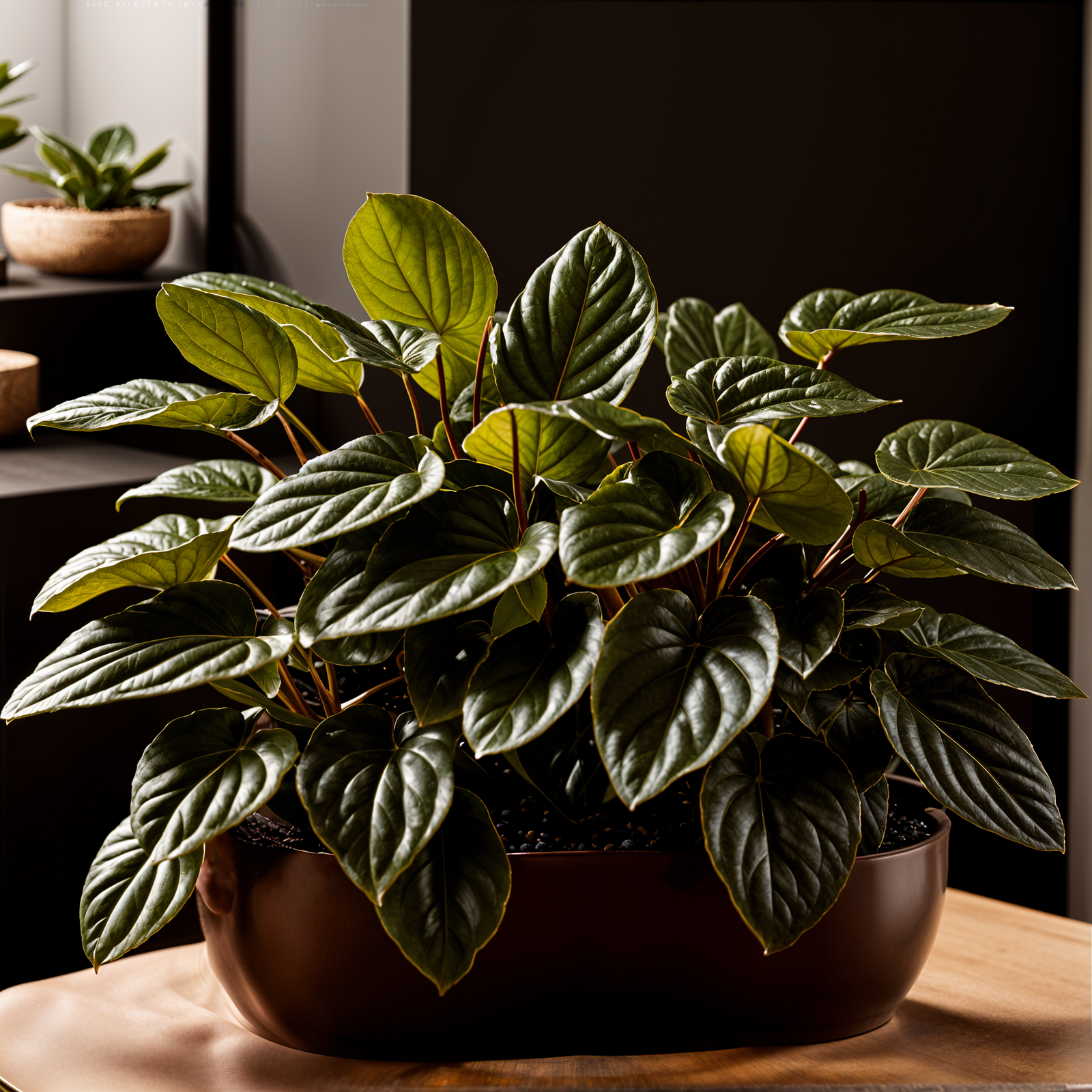 Peperomia caperata plant with detailed leaves in a planter, under clear indoor lighting.