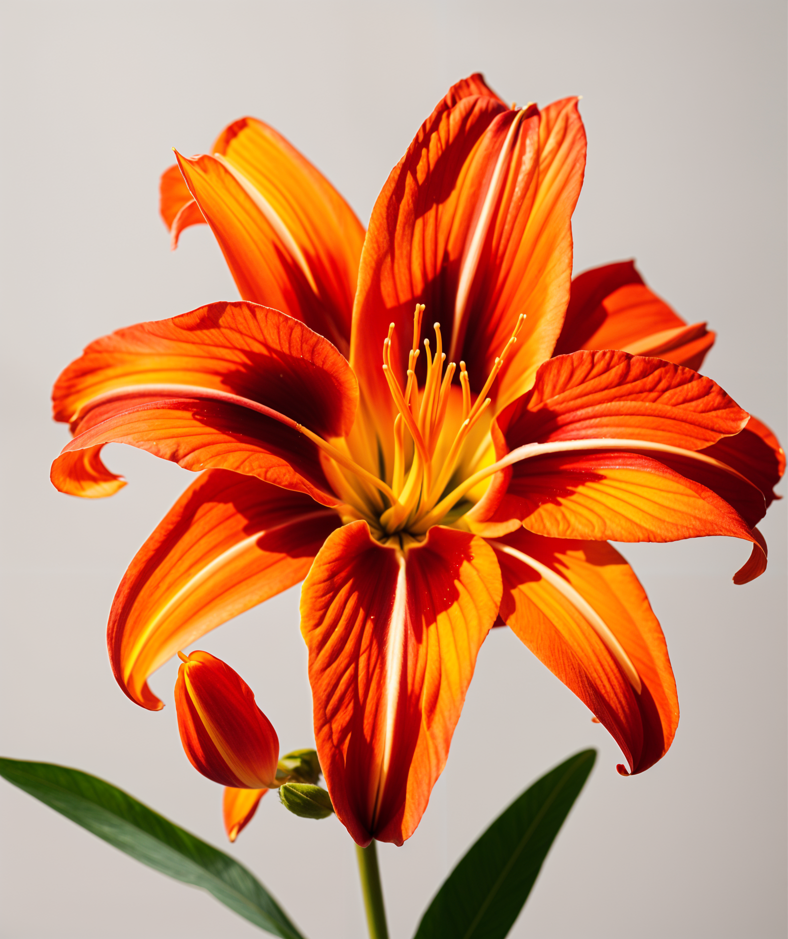 Hyper-realistic image of a Hemerocallis fulva flower, isolated and centered on a light background.