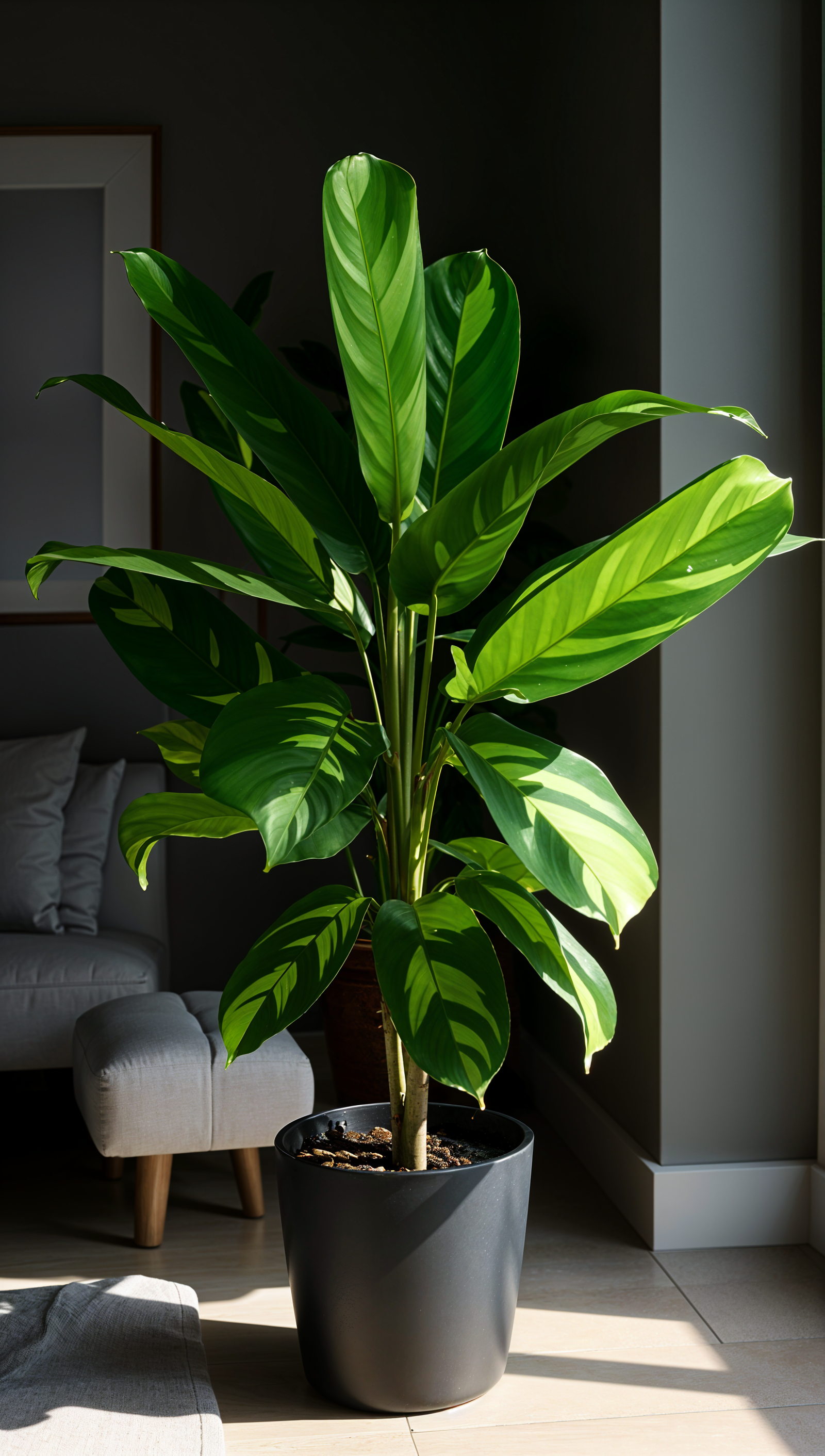 A large green Ctenanthe lubbersiana plant in a black pot, highlighted by natural lighting.