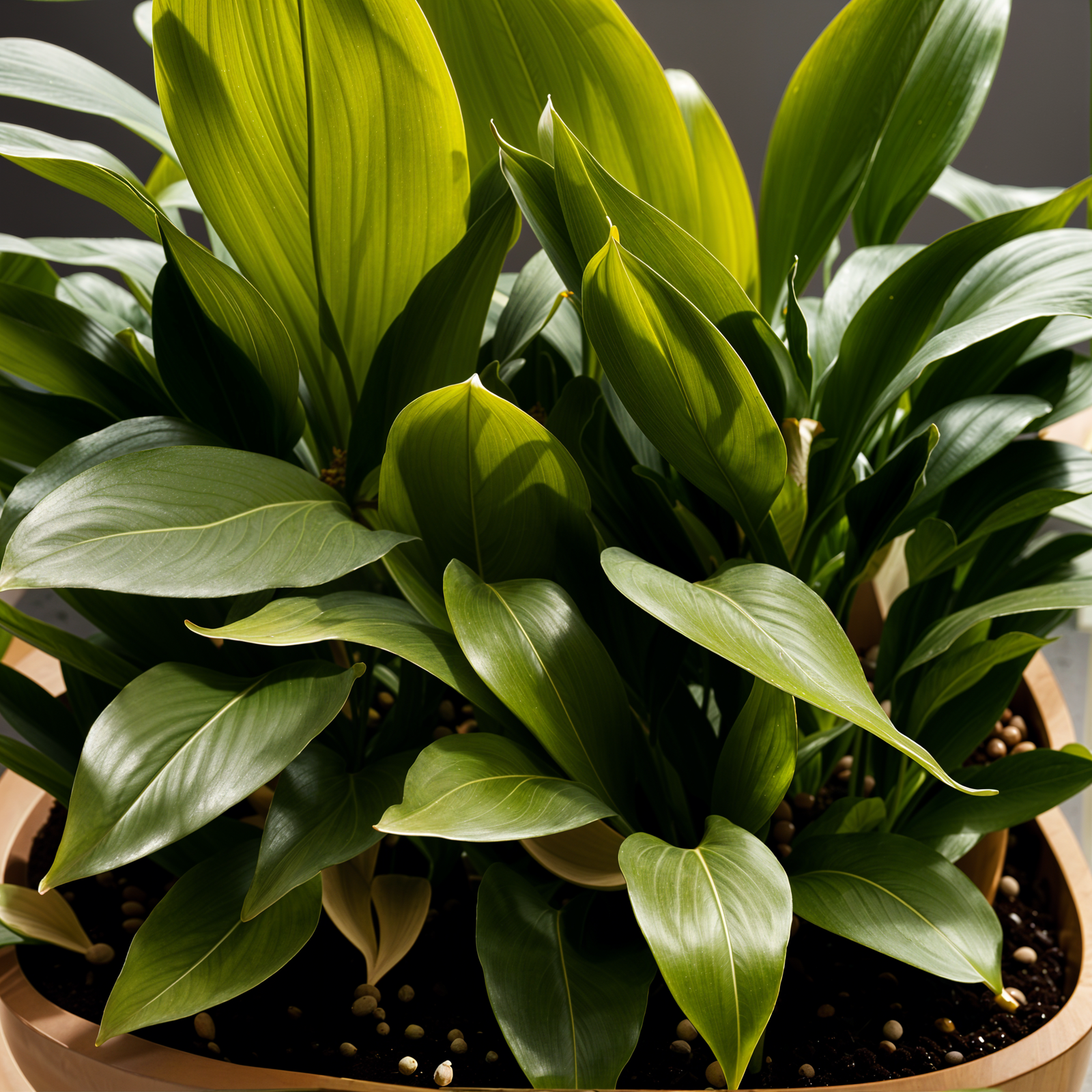 Aspidistra elatior plant with lush leaves in a planter, set against a dark background in clear indoor lighting.