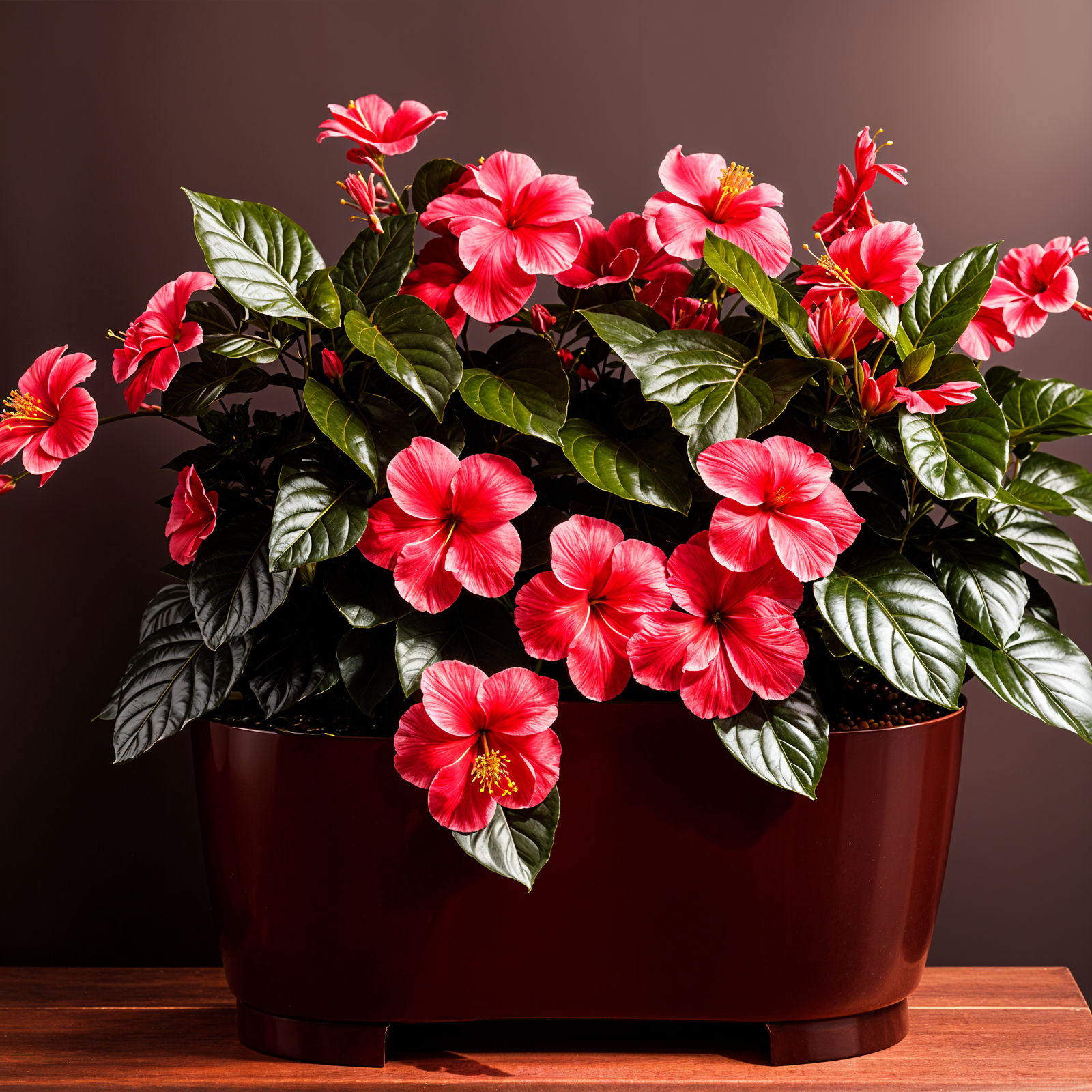 Highly detailed Hibiscus rosa-sinensis in a planter, with a flower, against a dark background.