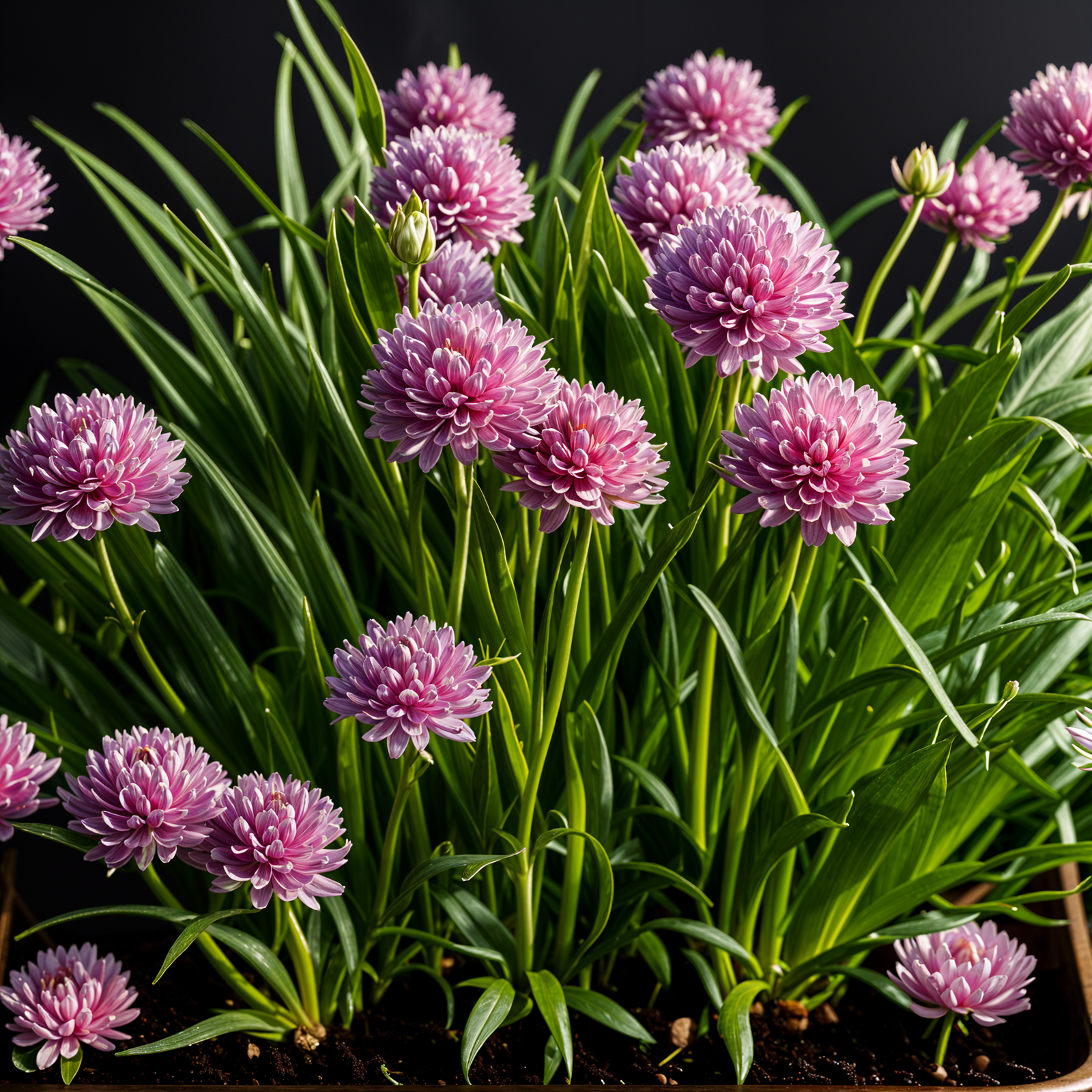 Highly detailed Allium schoenoprasum (chives) with flower in a planter, integrated into indoor décor.