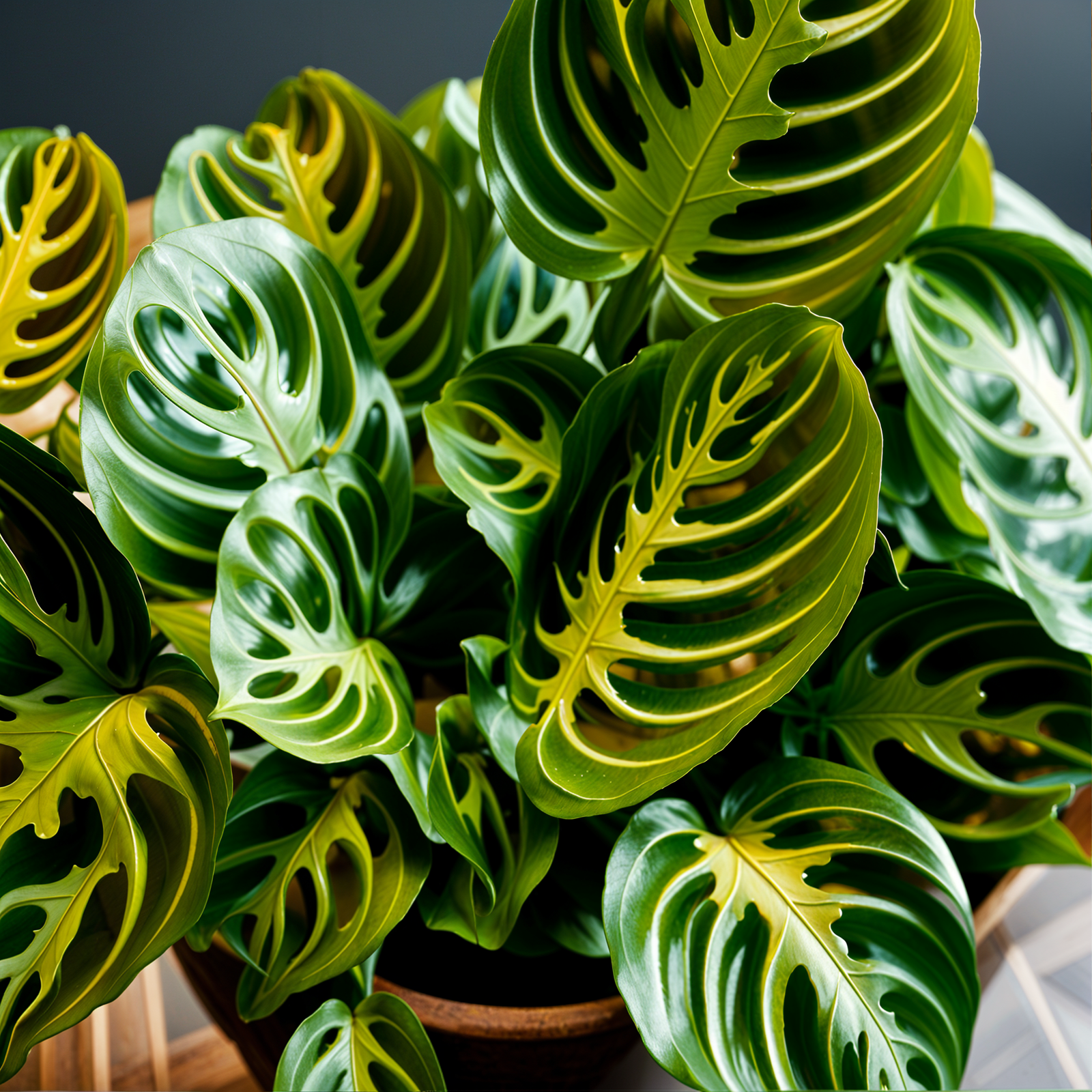 Maranta leuconeura plant with detailed leaves in a planter, set against a dark background indoors.