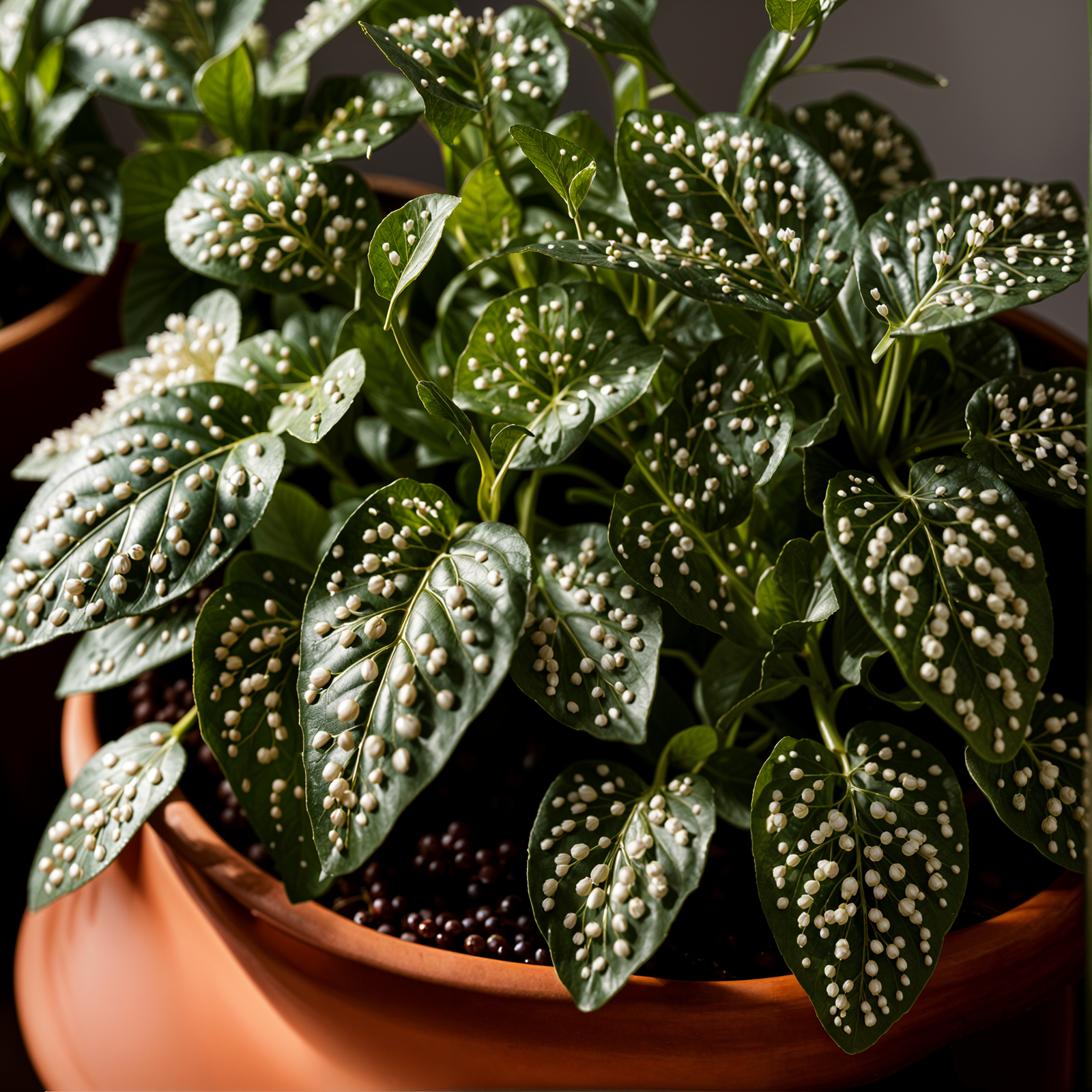 Hypoestes phyllostachya plant with detailed leaves in a planter, under clear indoor lighting.