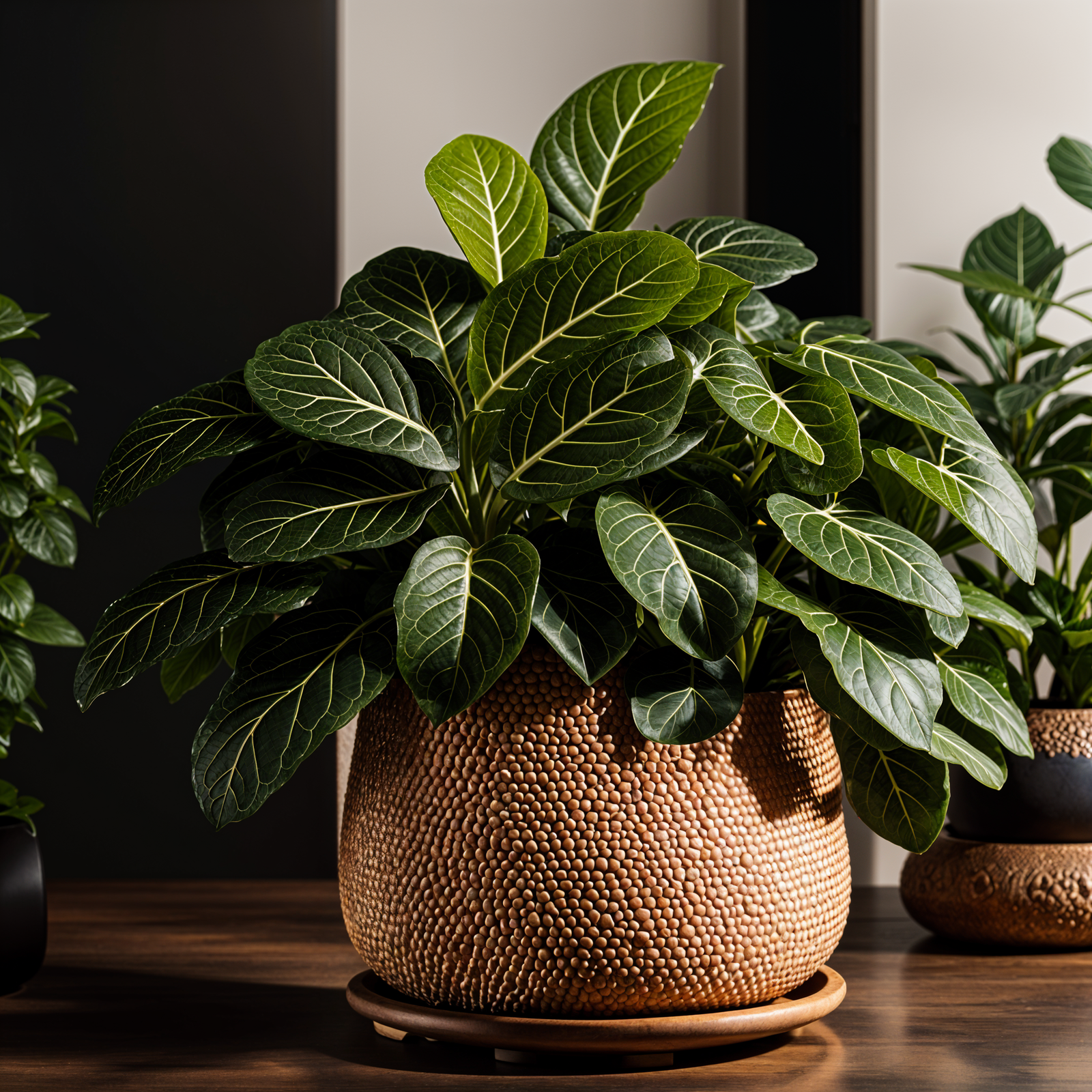 Fittonia albivenis plant with detailed leaves in a planter, set against a dark background indoors.