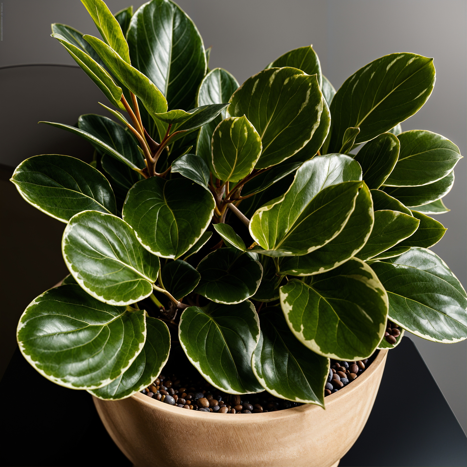 Peperomia obtusifolia plant with lush leaves in a planter, set against a dark background indoors.