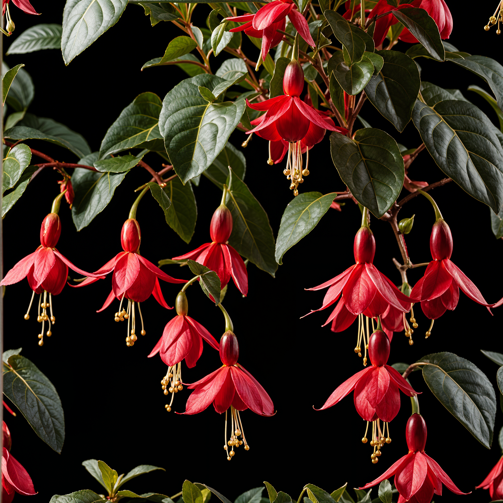 Fuchsia magellanica shrub with flowers in a planter, set against a dark background in clear indoor lighting.