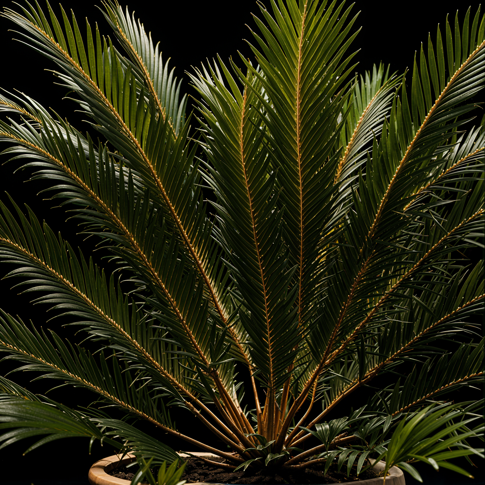 Cycas revoluta plant in a planter, detailed leaves and shrub, in clear indoor lighting.