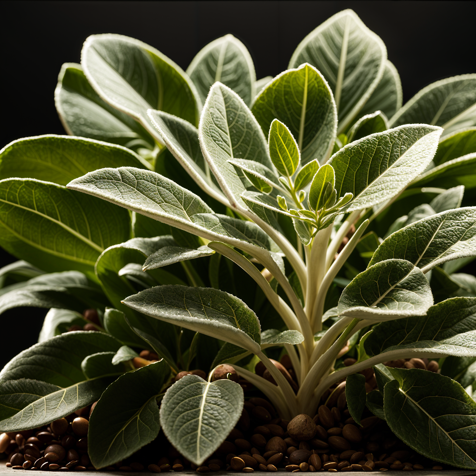 Highly detailed Stachys Byzantina plant in a planter, with clear lighting and a dark background.