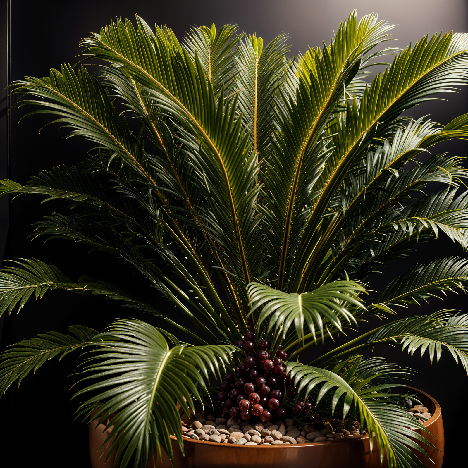 Highly detailed Cycas revoluta plant in a planter, indoors with clear lighting and dark background.