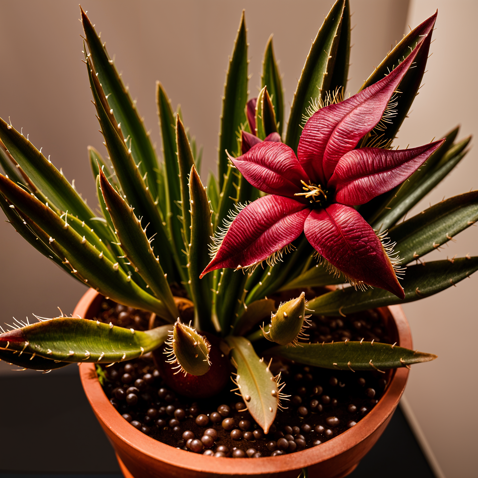 Stapelia hirsuta plant with flower in a planter, set against a dark background in clear indoor lighting.