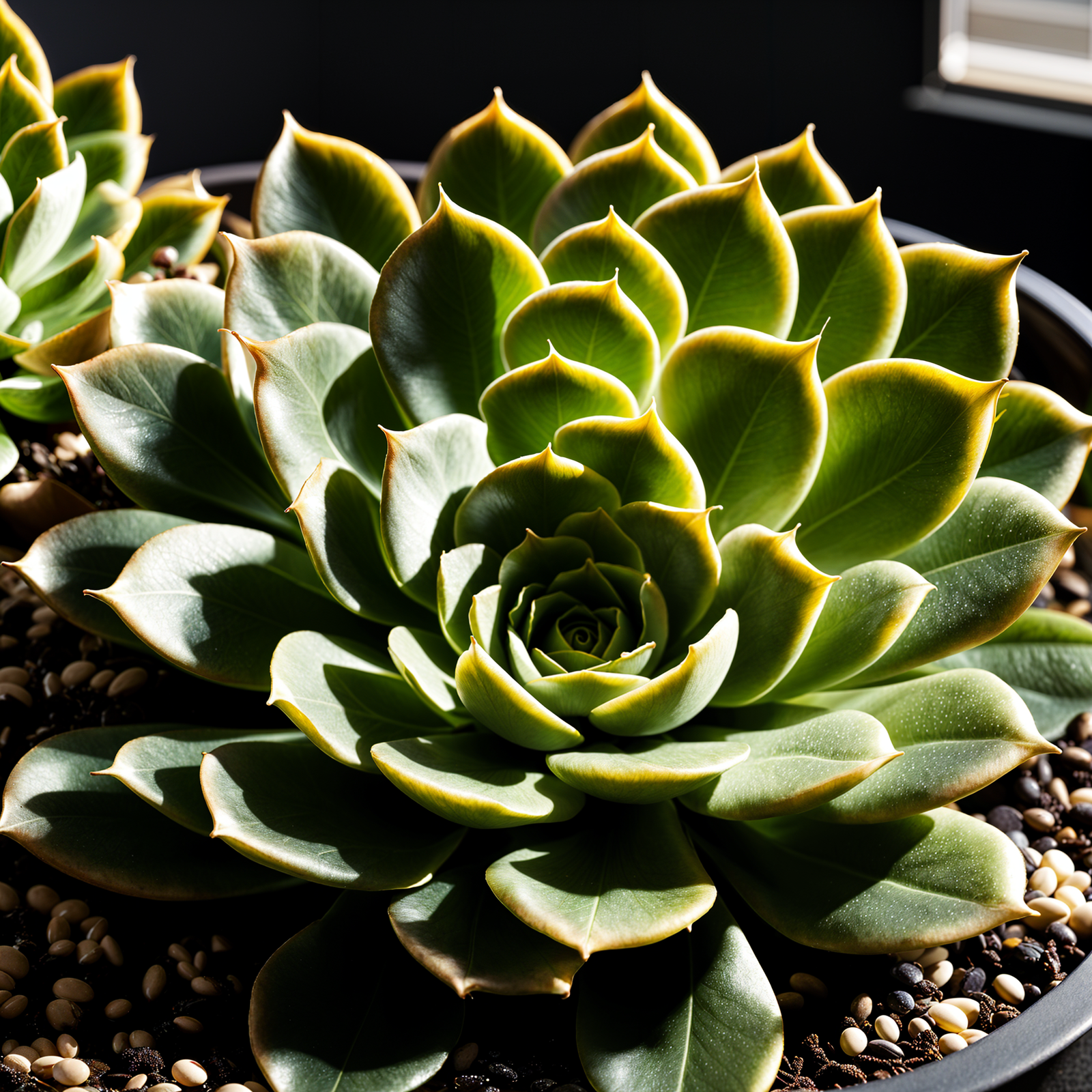 Echeveria derenbergii plant with detailed leaves in a planter, under clear indoor lighting.