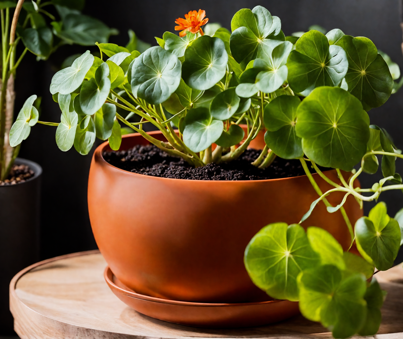 Tropaeolum majus in a brown bowl planter on a wooden surface, with clear lighting and a dark background.