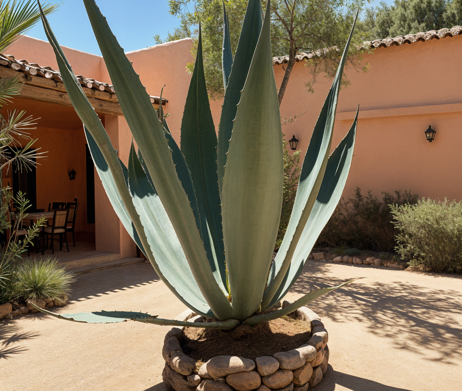 Large green Agave americana plant in a rock planter, set against traditional terracotta walls in a sun-drenched courtyard.