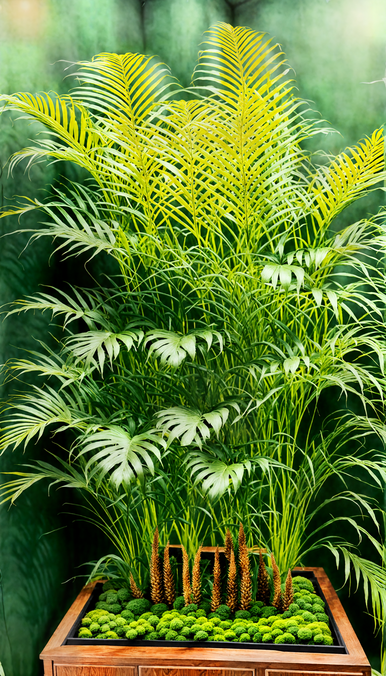 Lush Dypsis lutescens (Areca Palm) beside a wooden tray, with clear lighting and rustic green decor.