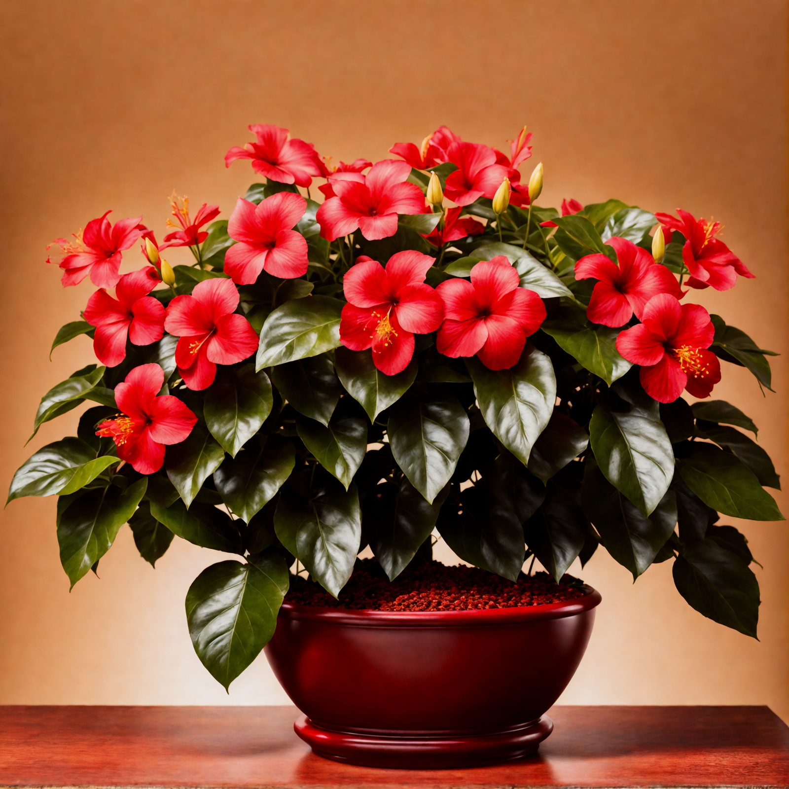 Red Hibiscus rosa-sinensis flowers in a bowl on a wooden table, with clear lighting and a dark background.