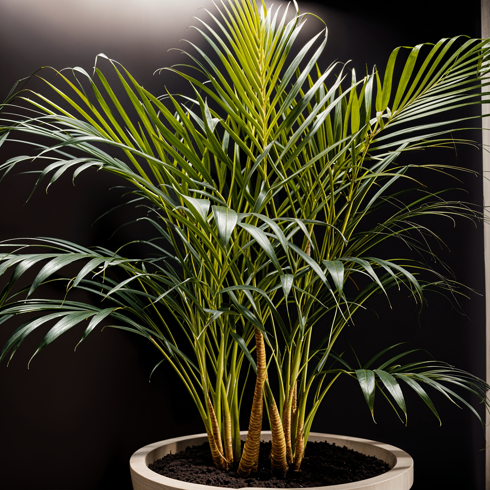 Dypsis lutescens plant with detailed leaves in a planter, set against a dark background indoors.