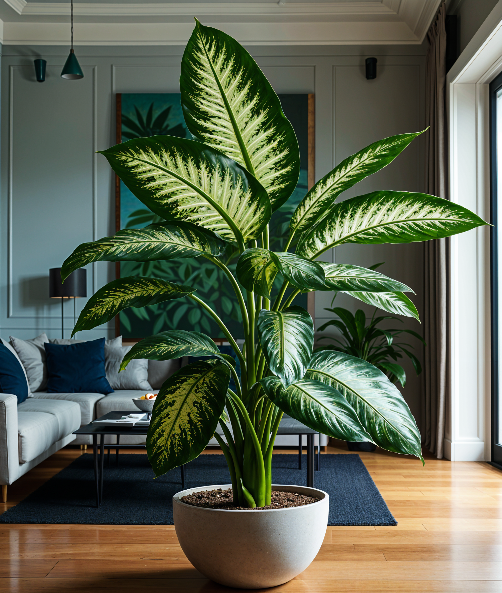 A large green Dieffenbachia seguine in a white pot, on a clean and minimal indoor setting with natural lighting.