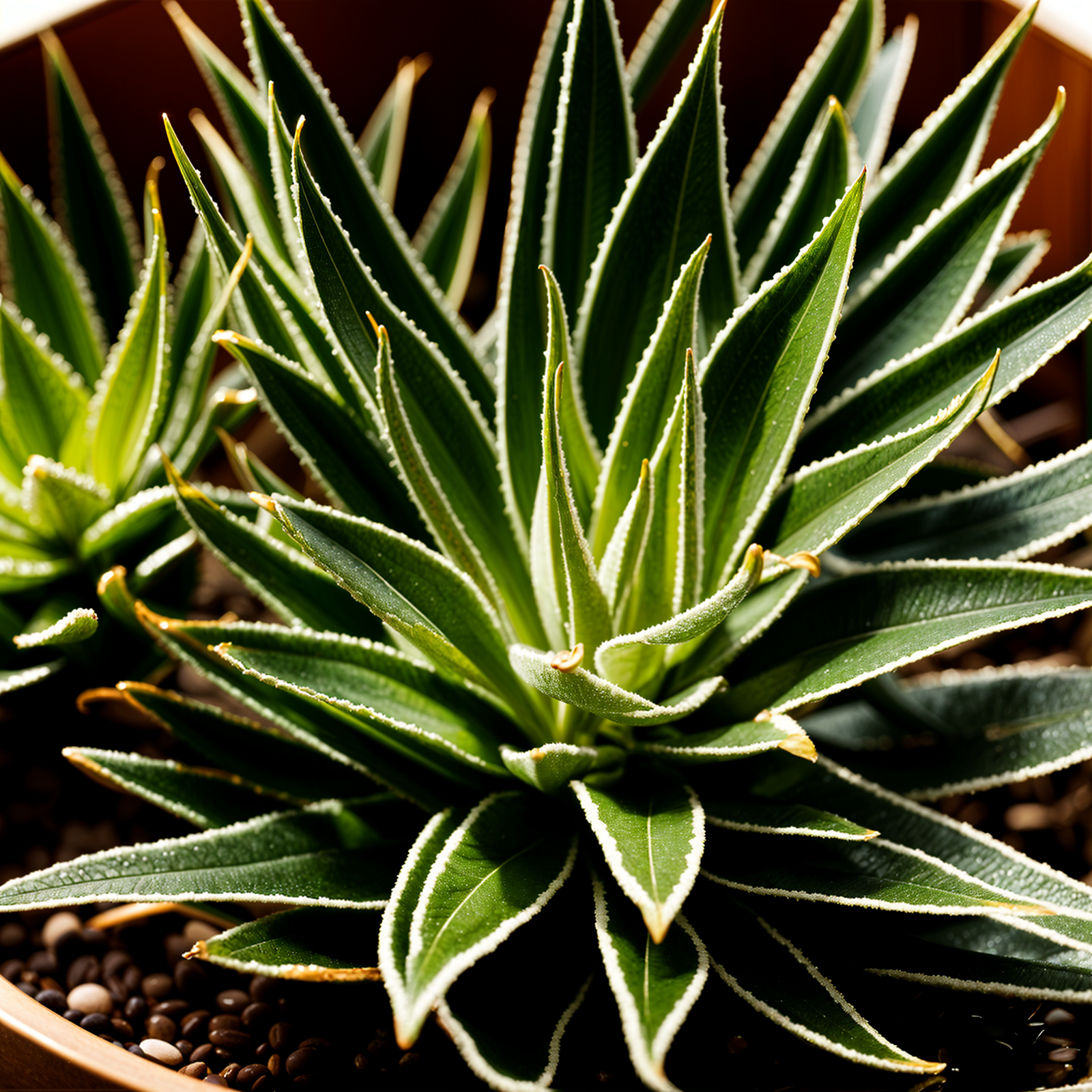 Haworthiopsis attenuata plant with detailed leaves in a planter, set against a dark background.