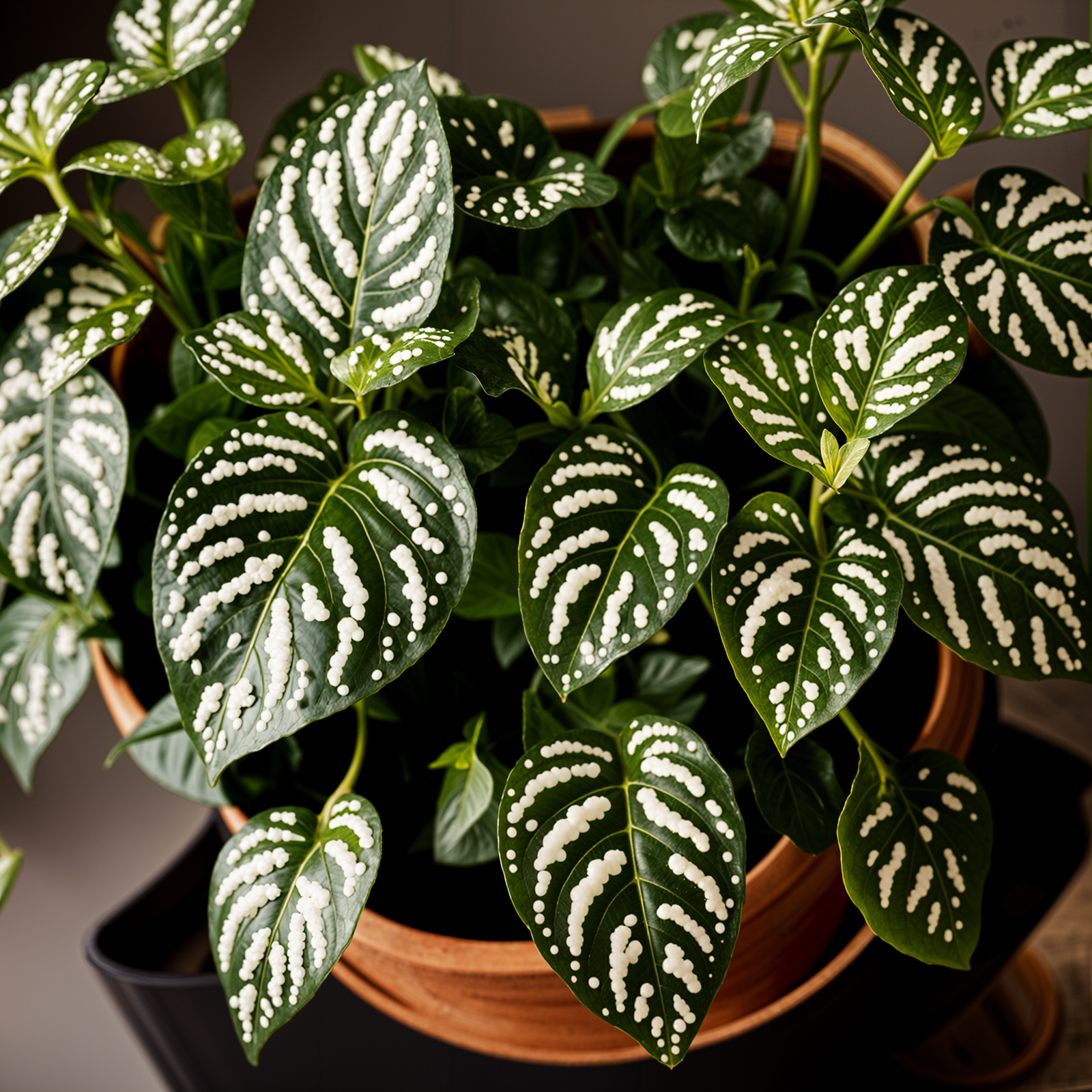 Hypoestes phyllostachya plant with detailed leaves in a planter, under clear indoor lighting.