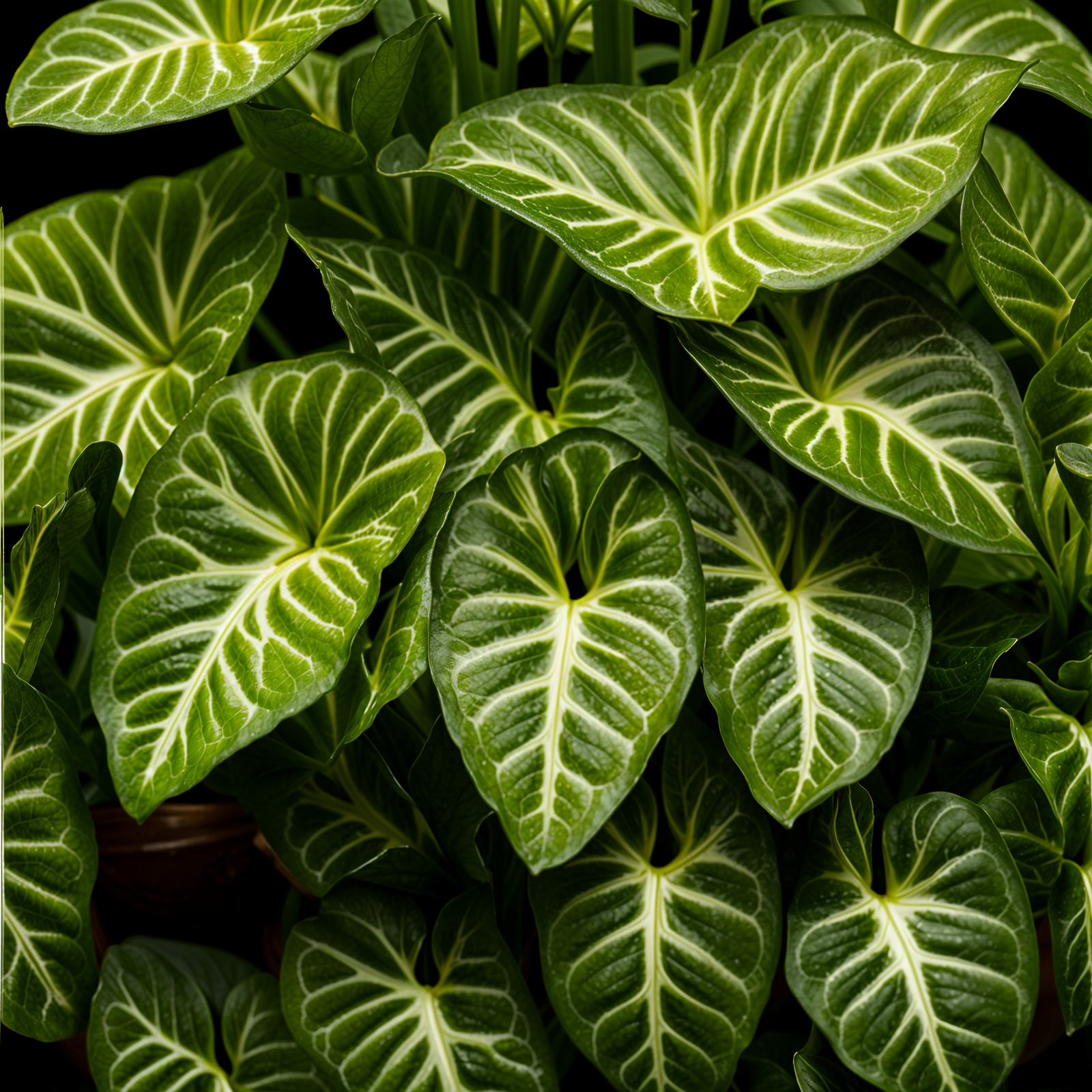 Syngonium podophyllum plant with detailed leaves in a planter, under clear indoor lighting.