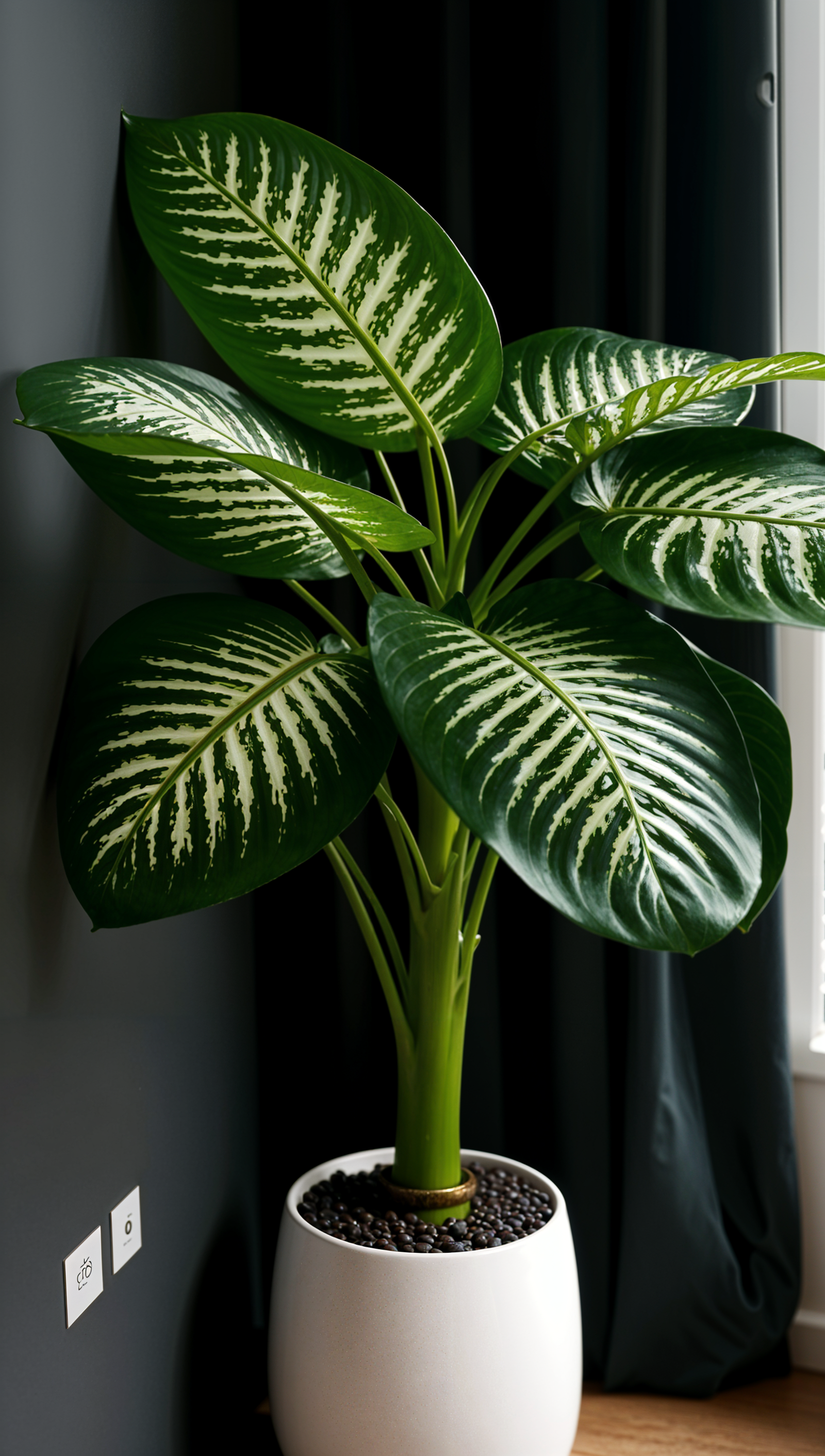 A large green Dieffenbachia seguine plant in a white pot, centered in a clean modern room under natural lighting.