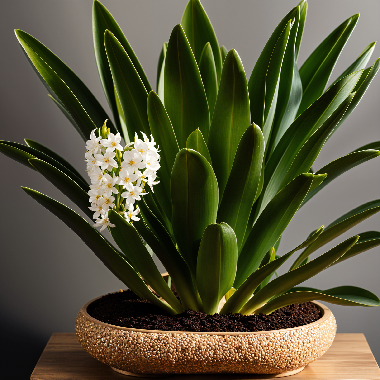 Hyacinthus orientalis in a planter, with a flower, under clear lighting against a dark background.