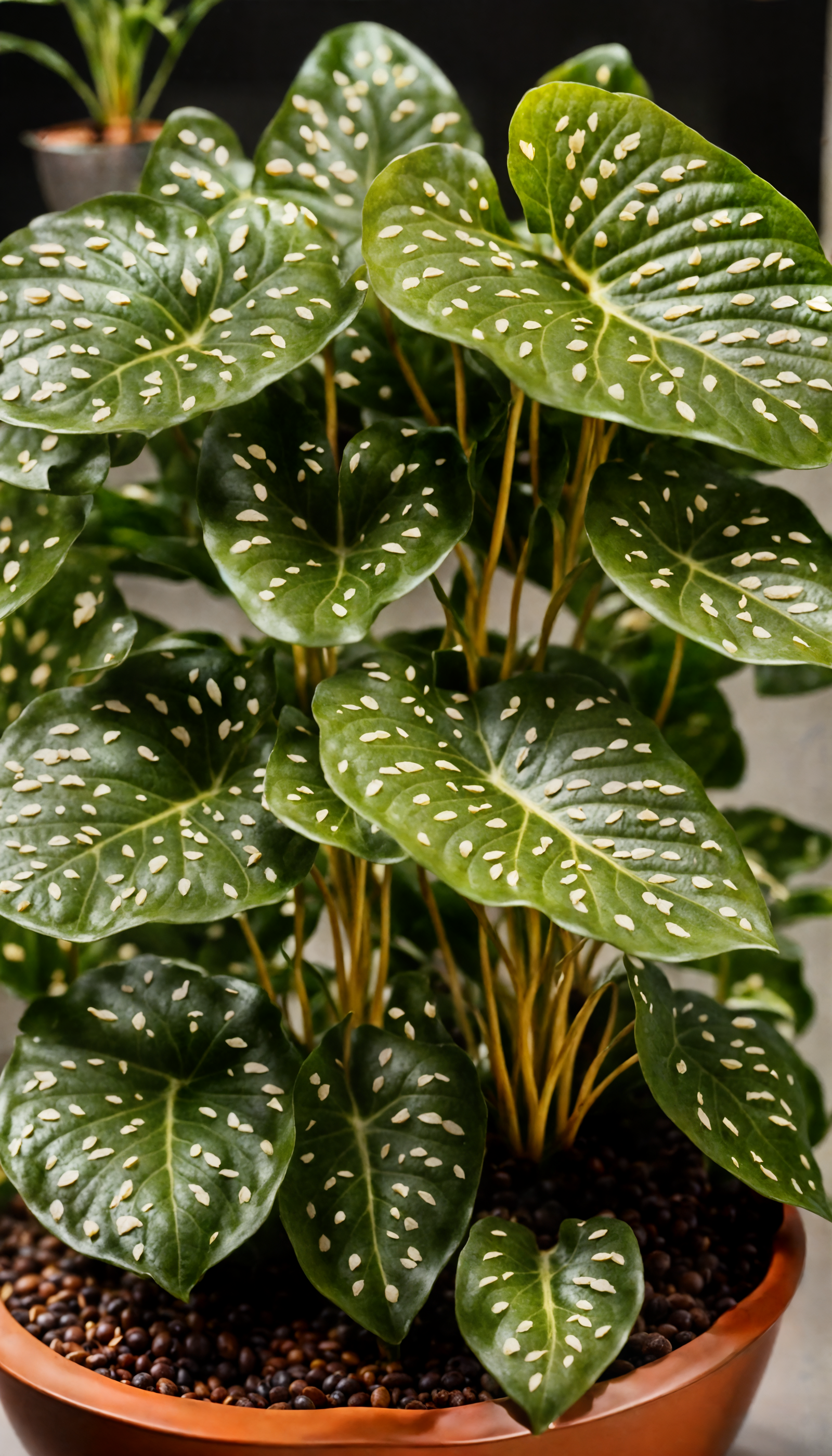 Caladium bicolor with vibrant leaves in a bowl planter, against a dark backdrop with soft, clear lighting.