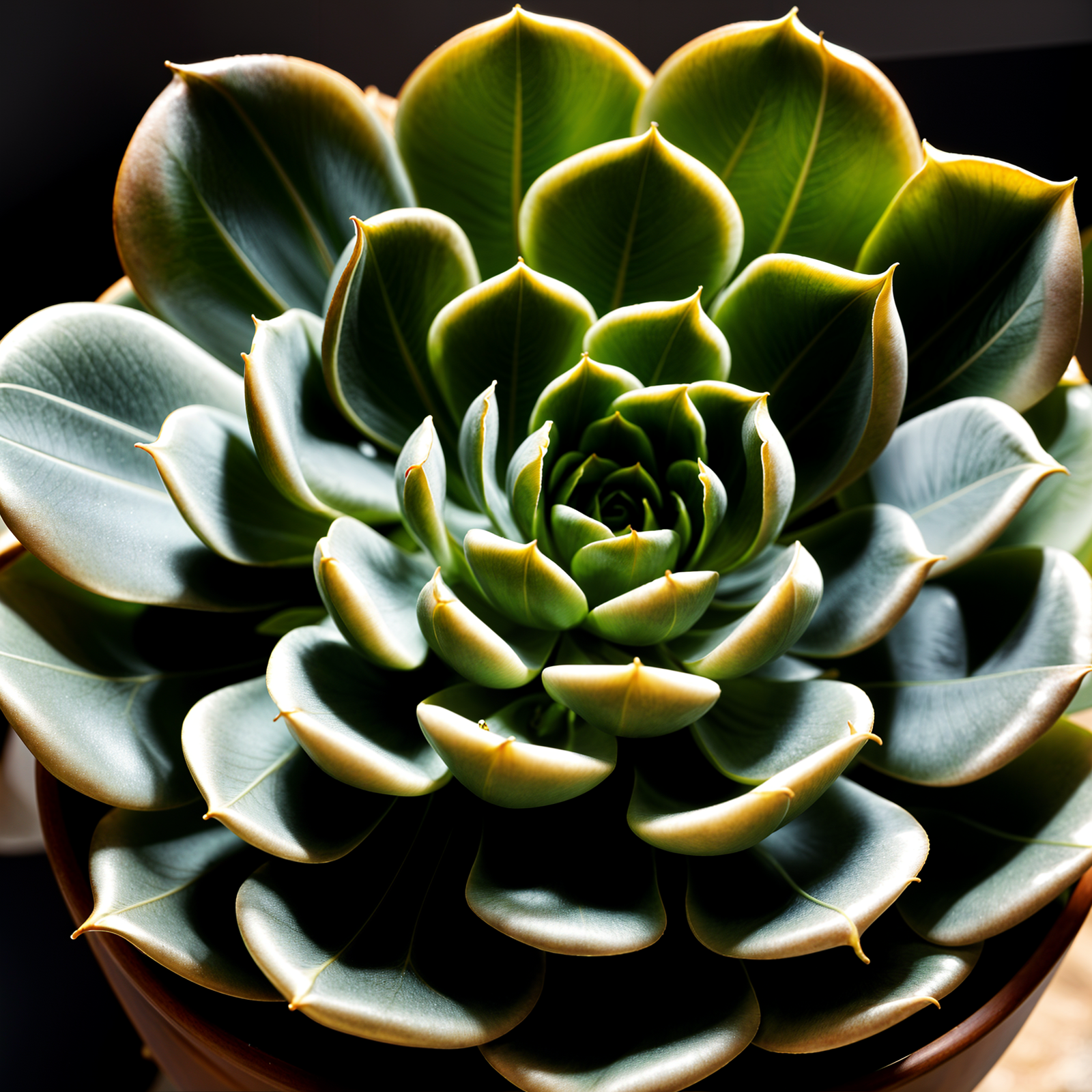 Echeveria elegans plant with detailed leaves in a planter, set against a dark background indoors.