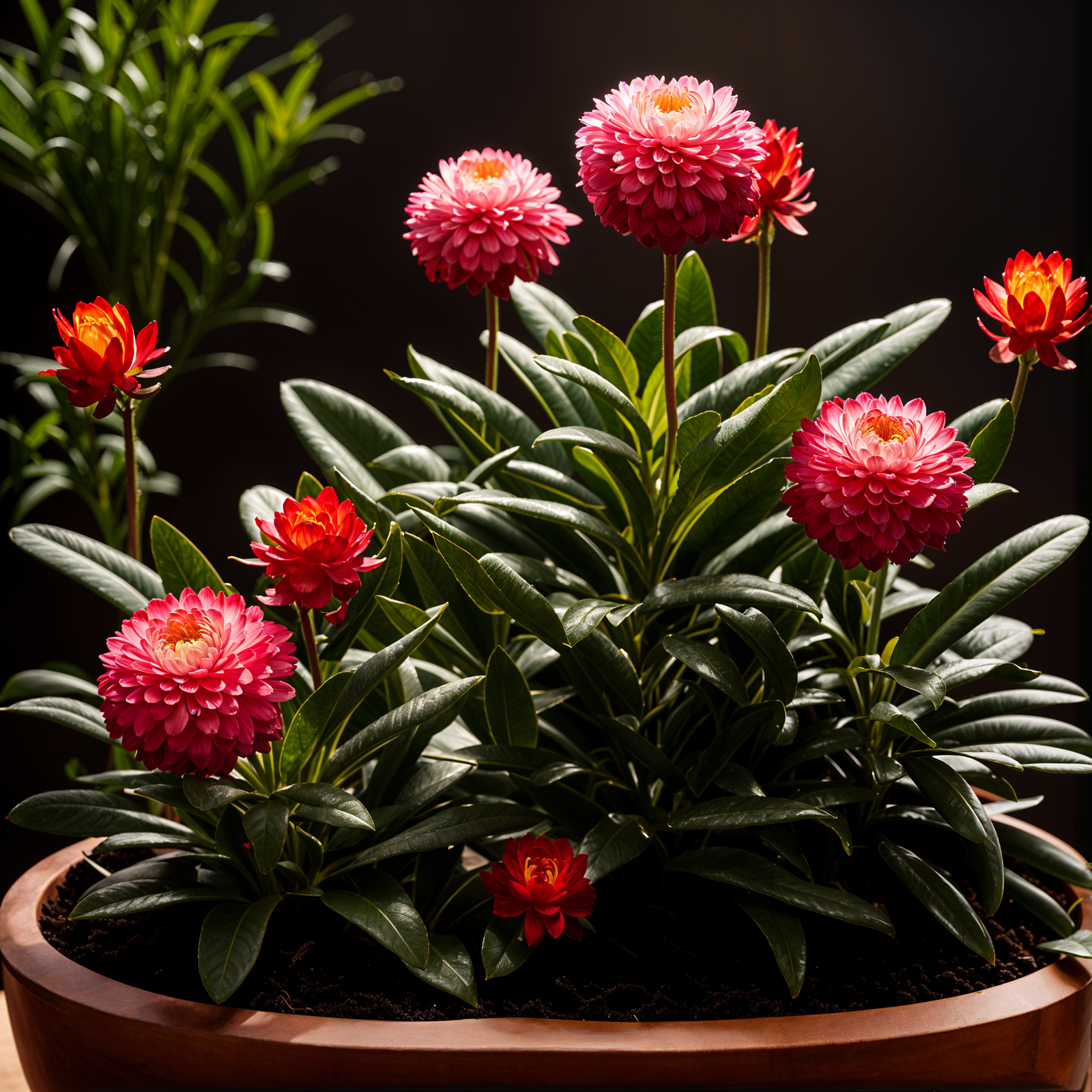 Xerochrysum bracteatum, also known as TOK, in a planter with a flower, in a well-lit indoor setting.