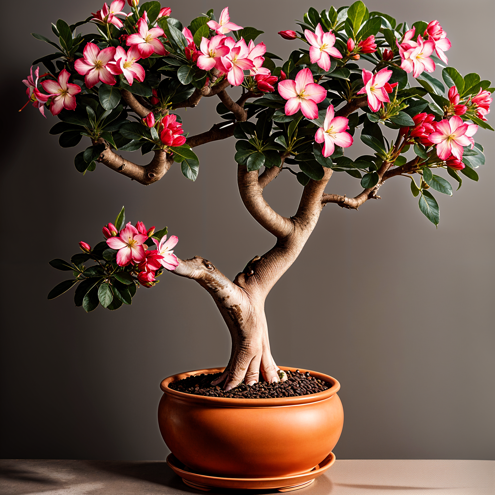 Adenium obesum, also known as Desert Rose, in a planter with a blooming flower, under clear indoor lighting.