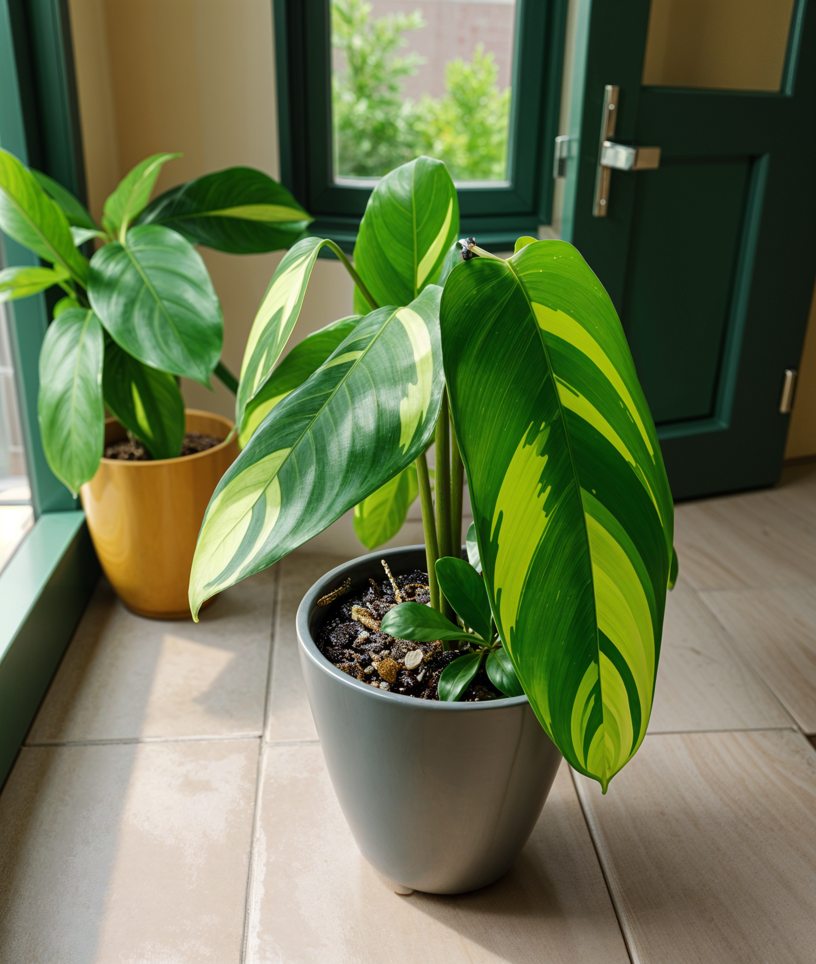 A TOK plant (Ctenanthe lubbersiana) in a modern planter on a clean table, with natural lighting highlighting its structure.