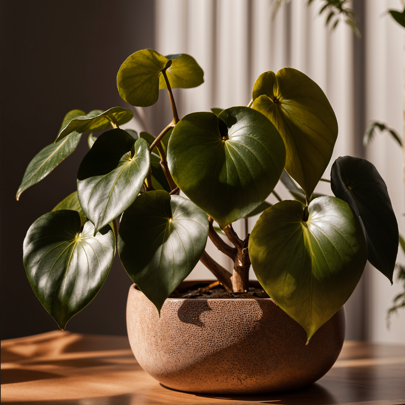 Peperomia polybotrya plant with vibrant leaves in a planter, set against a dark background indoors.