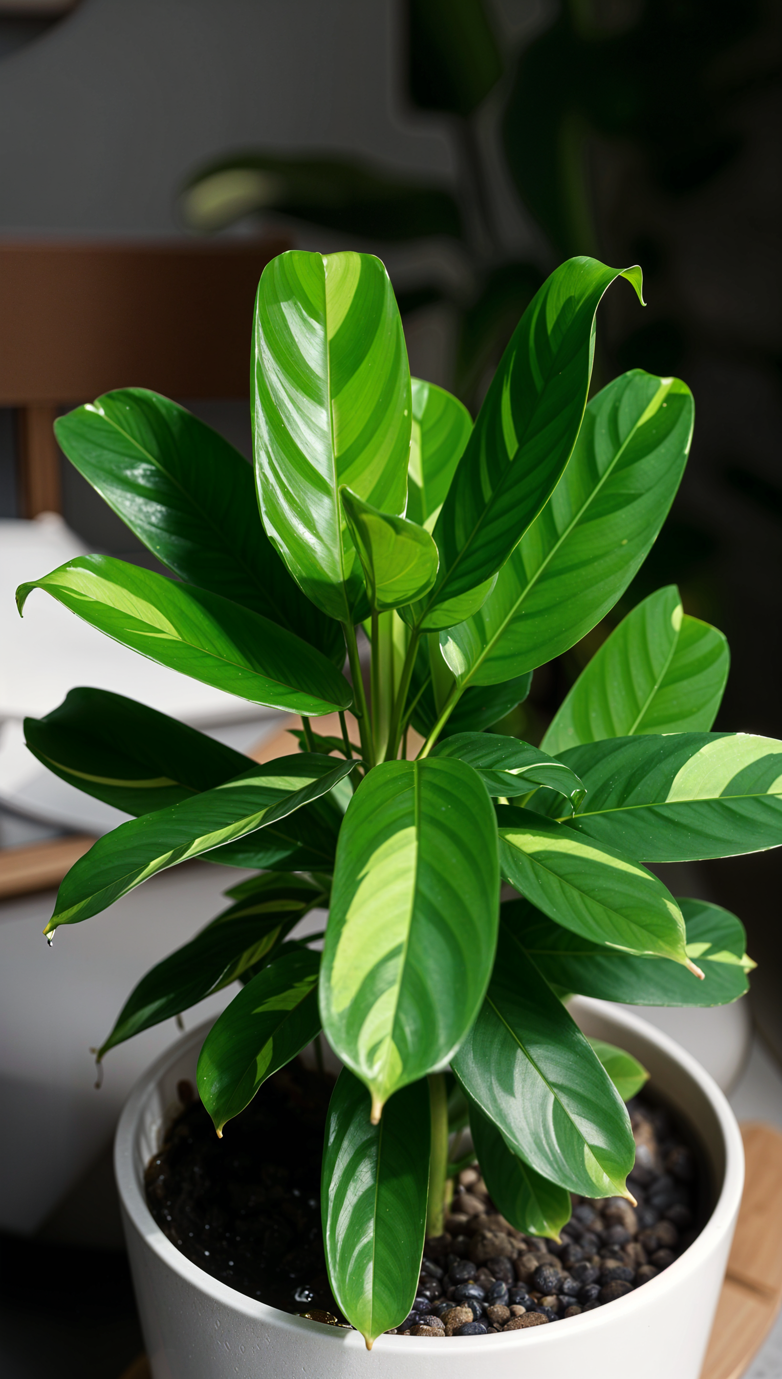 A potted TOK plant (Ctenanthe lubbersiana) on a wooden table, centered in a modern planter, with natural lighting highlighting its structure.