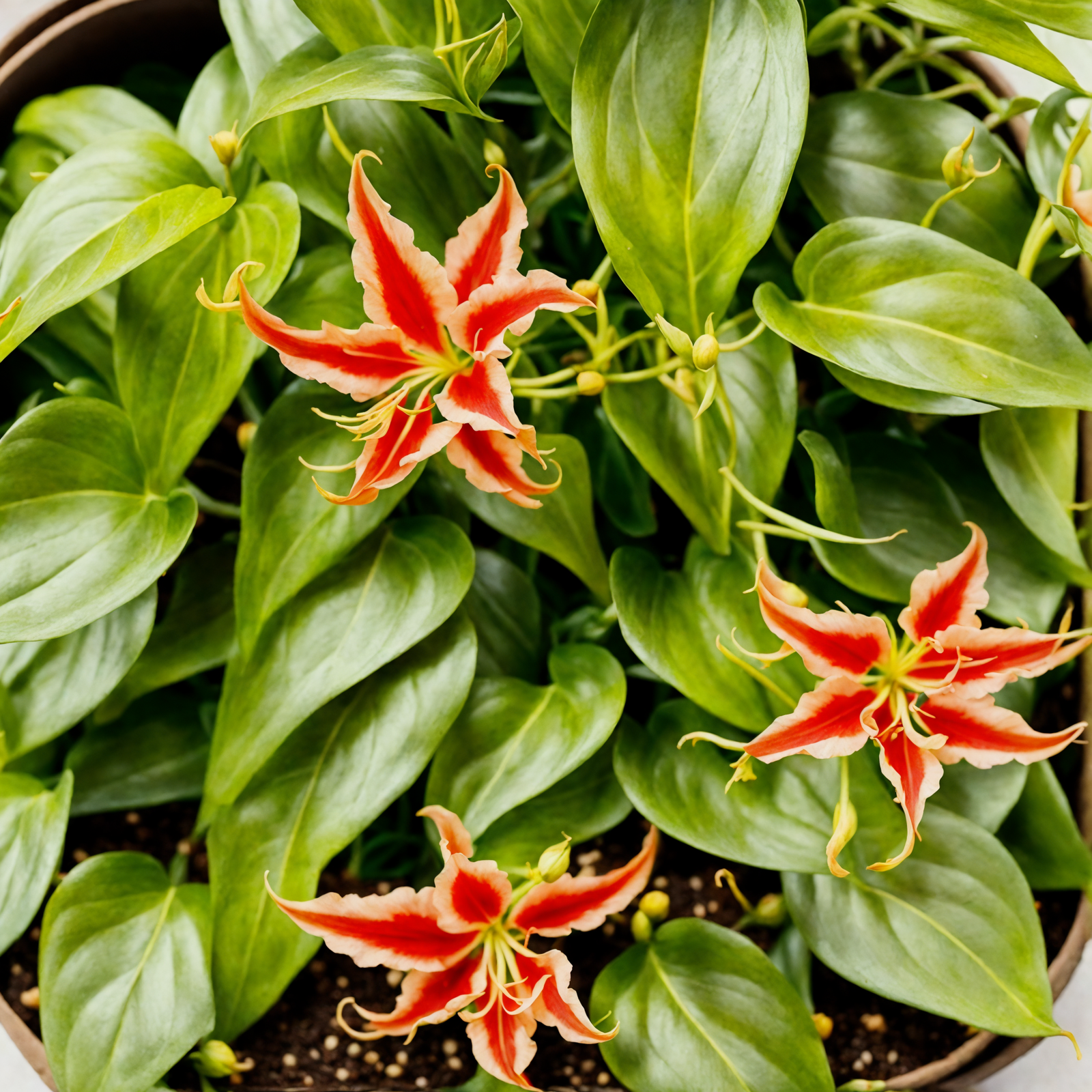 Gloriosa superba flowers in a bowl, with foliage in the background, clear lighting, and a dark backdrop.