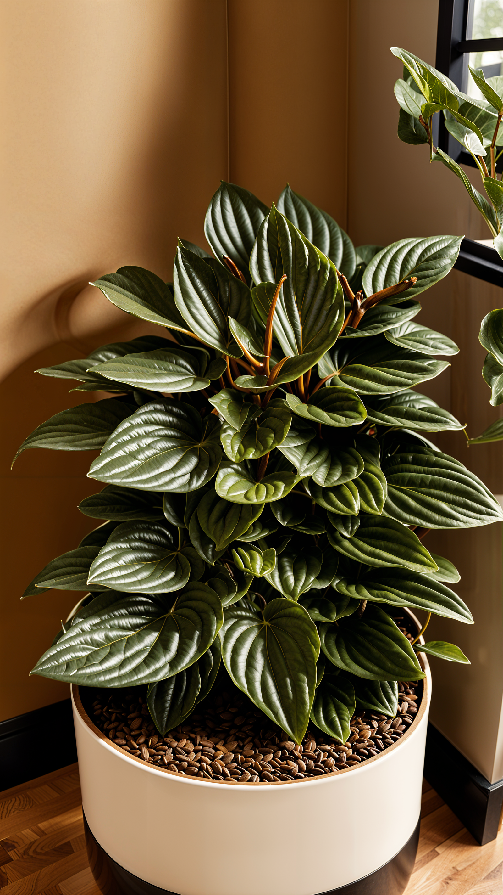 Peperomia caperata plant in a planter, placed in a vintage-style, well-lit indoor setting.
