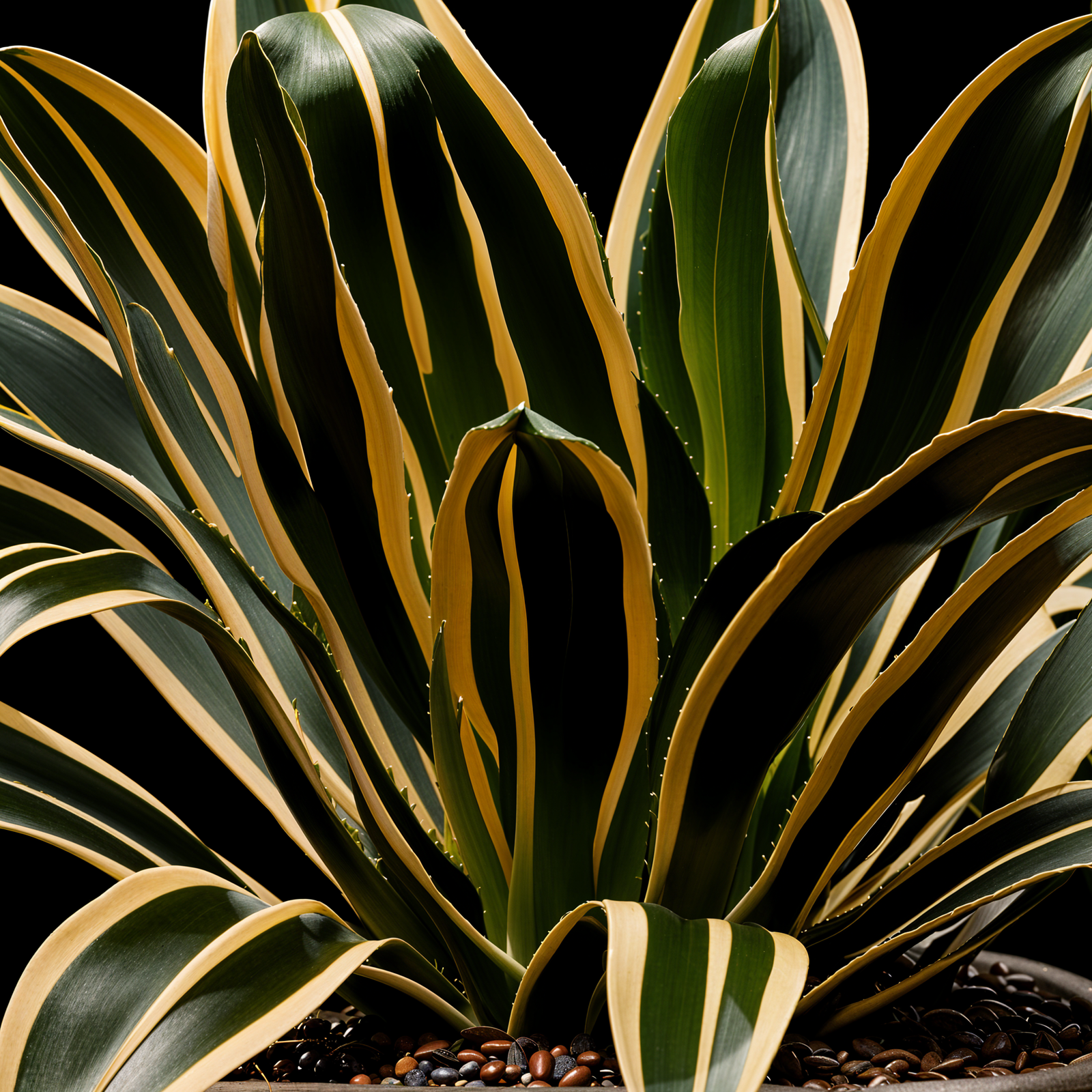 Agave americana plant with detailed leaves in a planter, set against a dark background indoors.