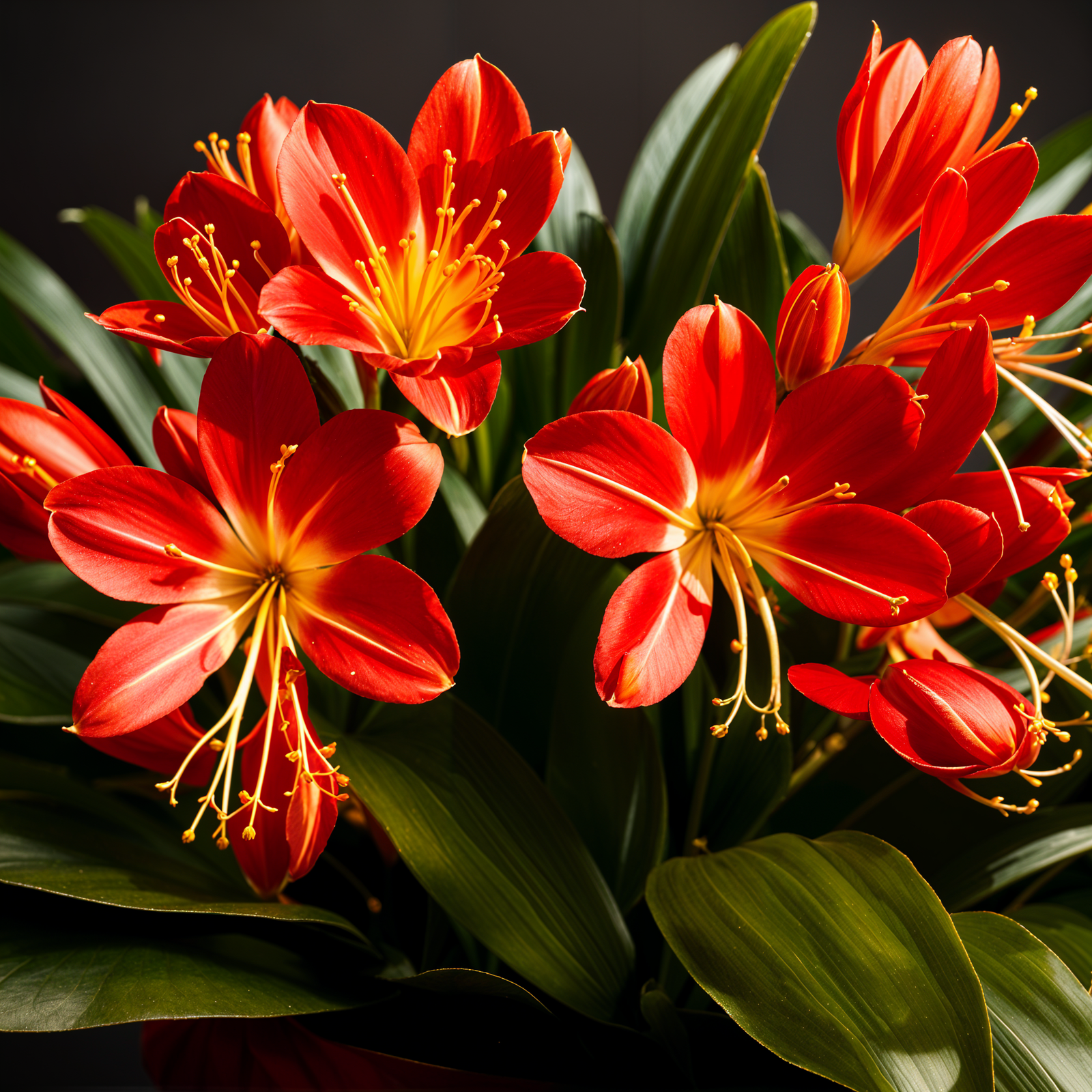 Clivia miniata plant with flower in a planter, showcased in clear indoor lighting against a dark background.