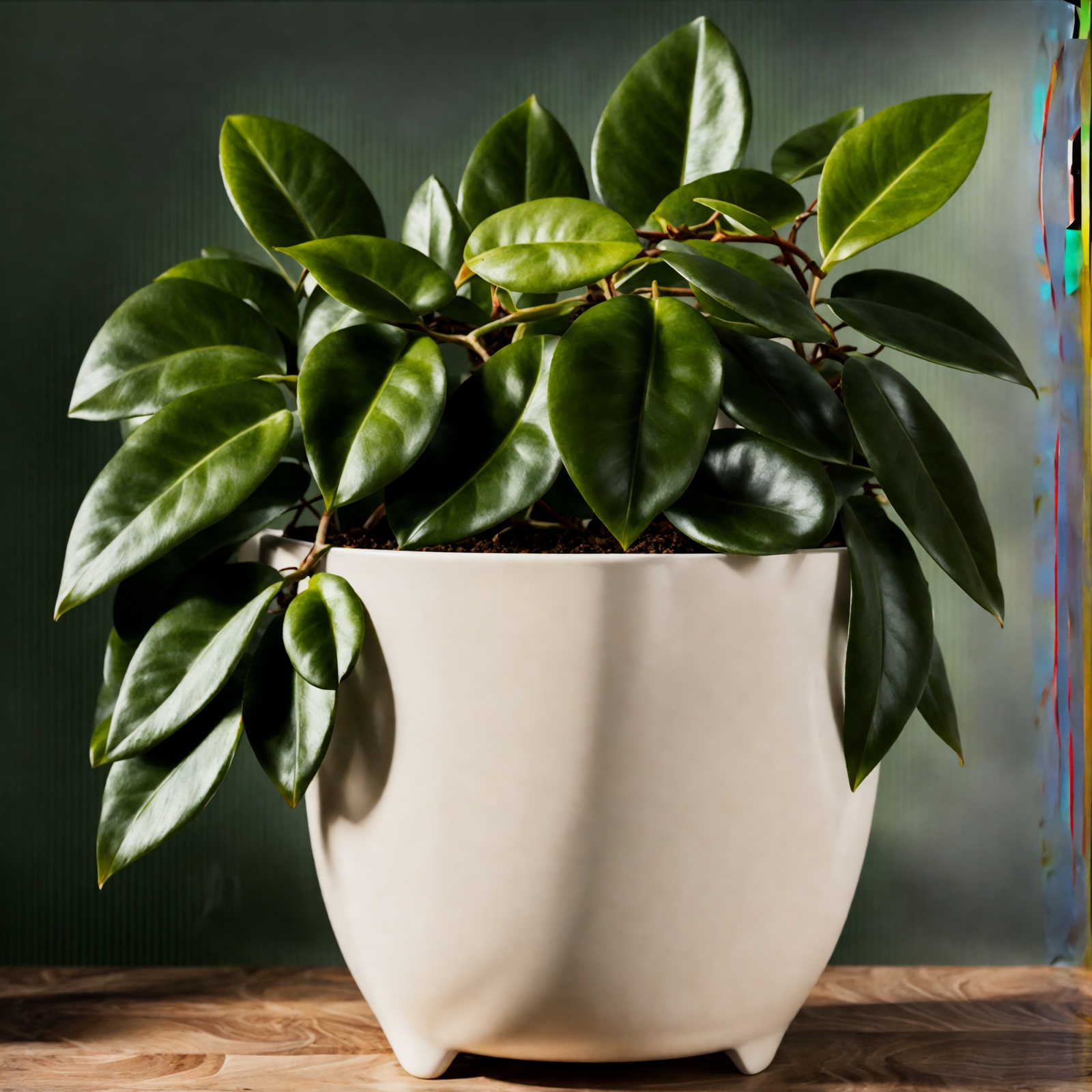 Hoya carnosa in a white vase on a wooden surface, with clear lighting and a dark background.