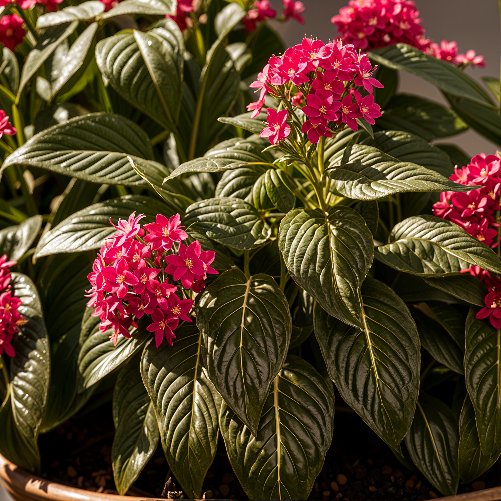 Pentas lanceolata plant with blooming flowers in a planter, set against a dark background indoors.