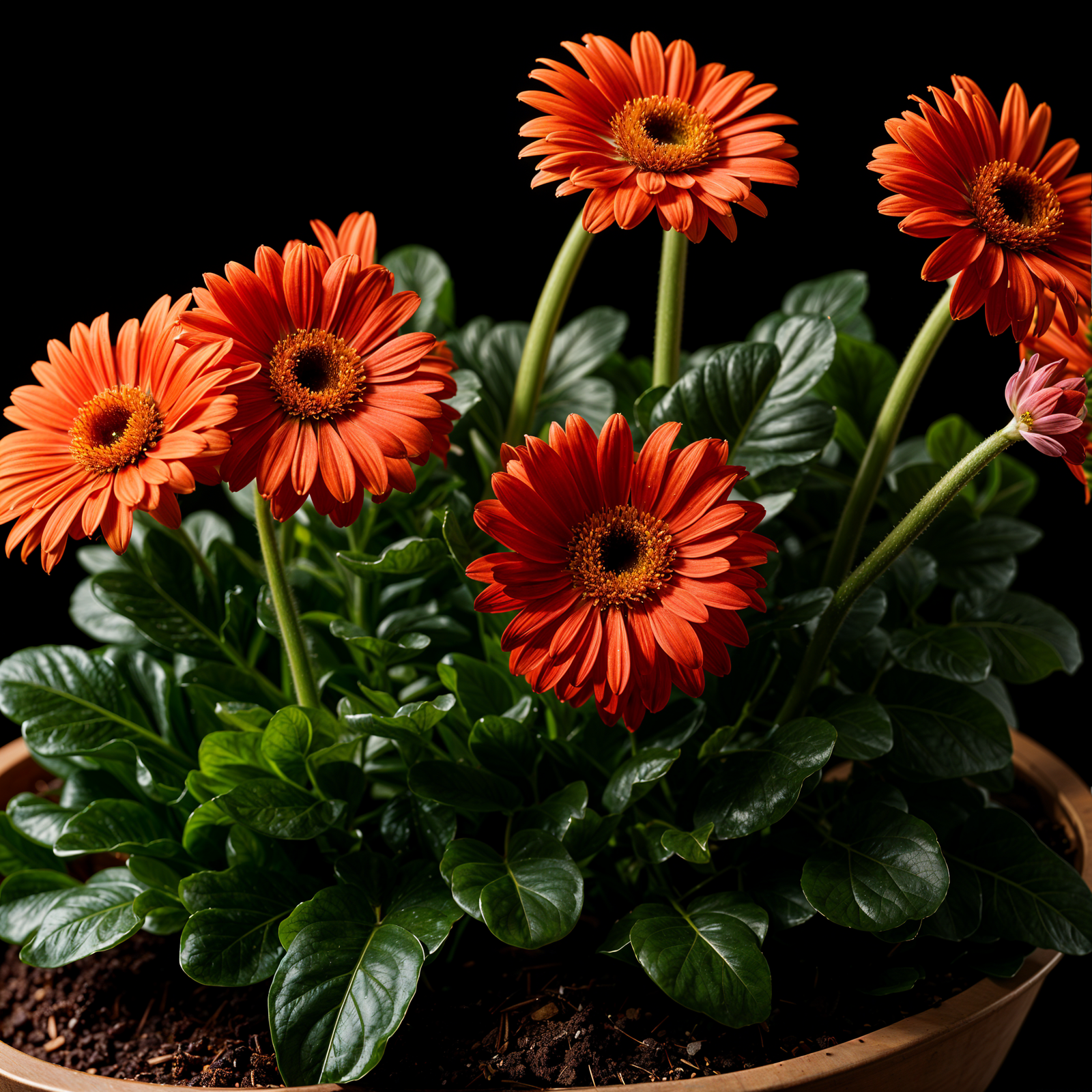 Gerbera jamesonii in a planter, with a blooming flower, set against a dark background in clear indoor lighting.