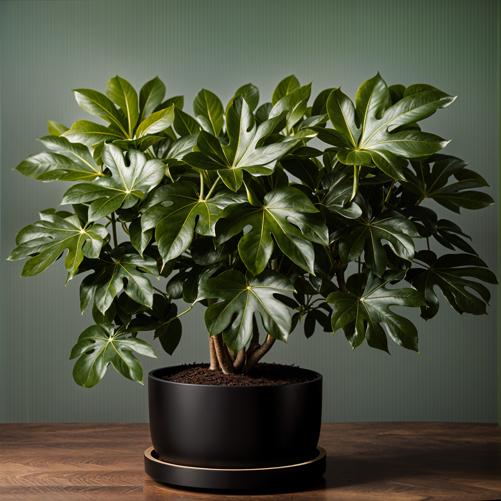 Highly detailed Fatsia japonica plant in a planter, indoors with clear lighting and dark background.