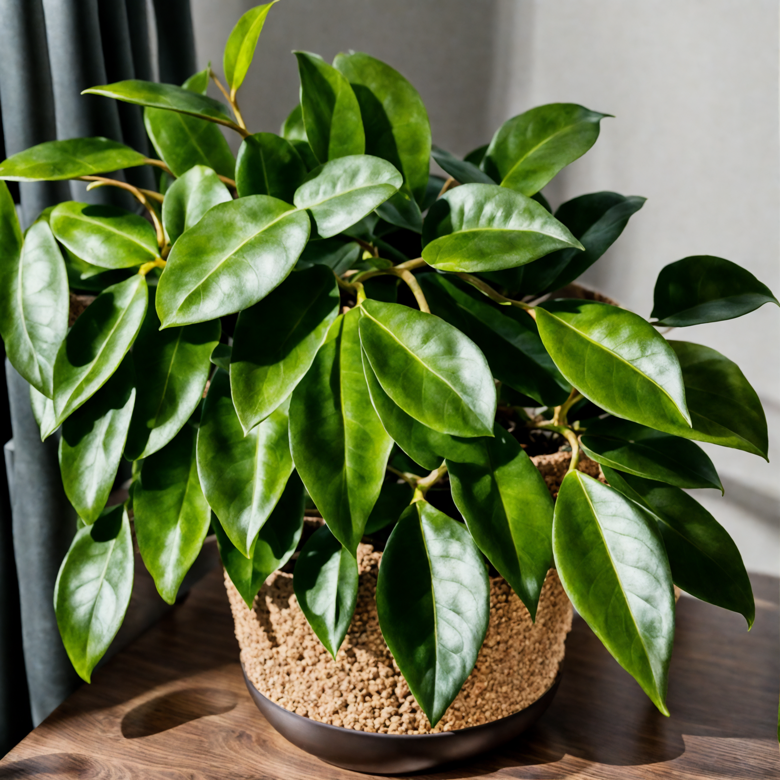 Hoya carnosa in a bowl planter on a wooden table, with clear lighting and a dark background.