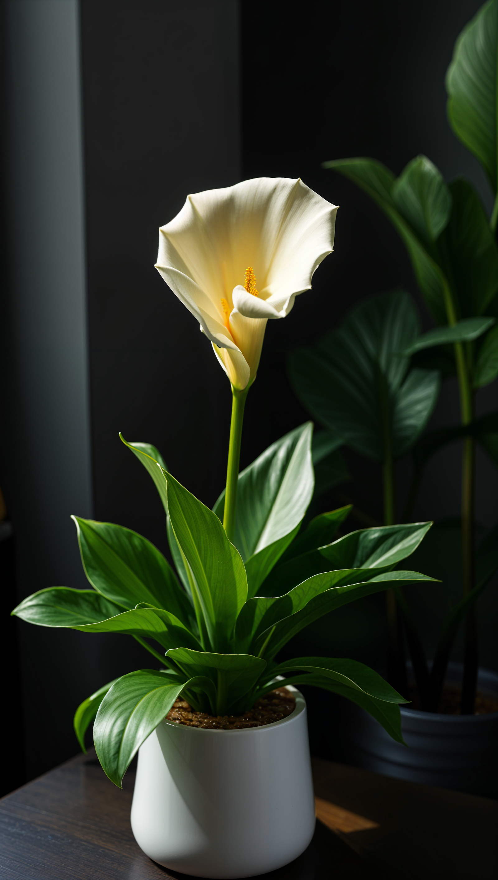 A white flower in a white pot on a table, centered in a clean, minimalist room with natural lighting.